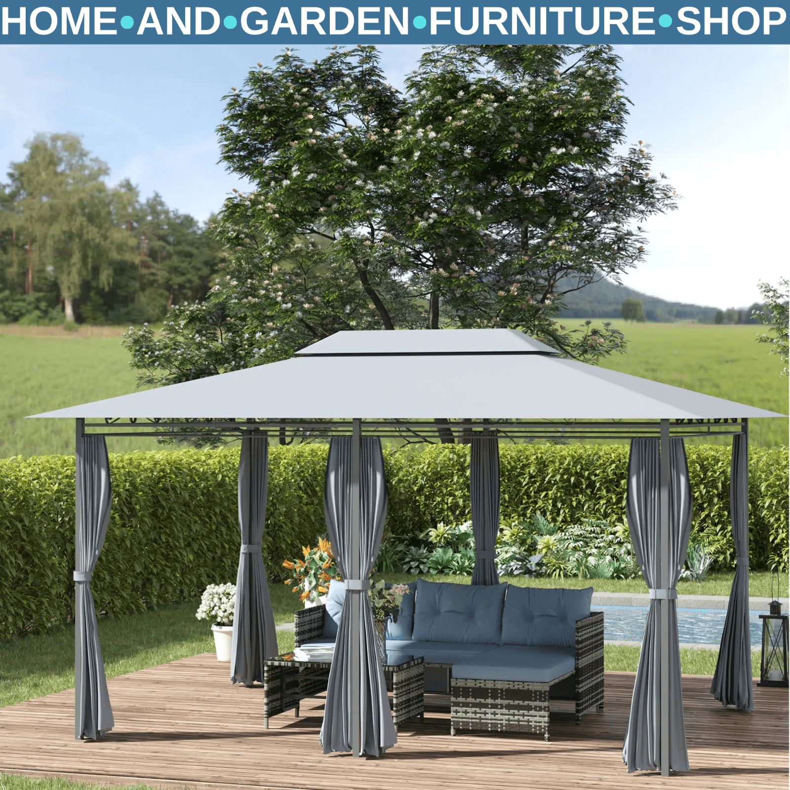 Steel Frame Gazebo Curtains 4m x 3m Outdoor 2 - Tier Garden Tent Sun Shade Cover - Home and Garden Furniture Shop - rustic - furniture