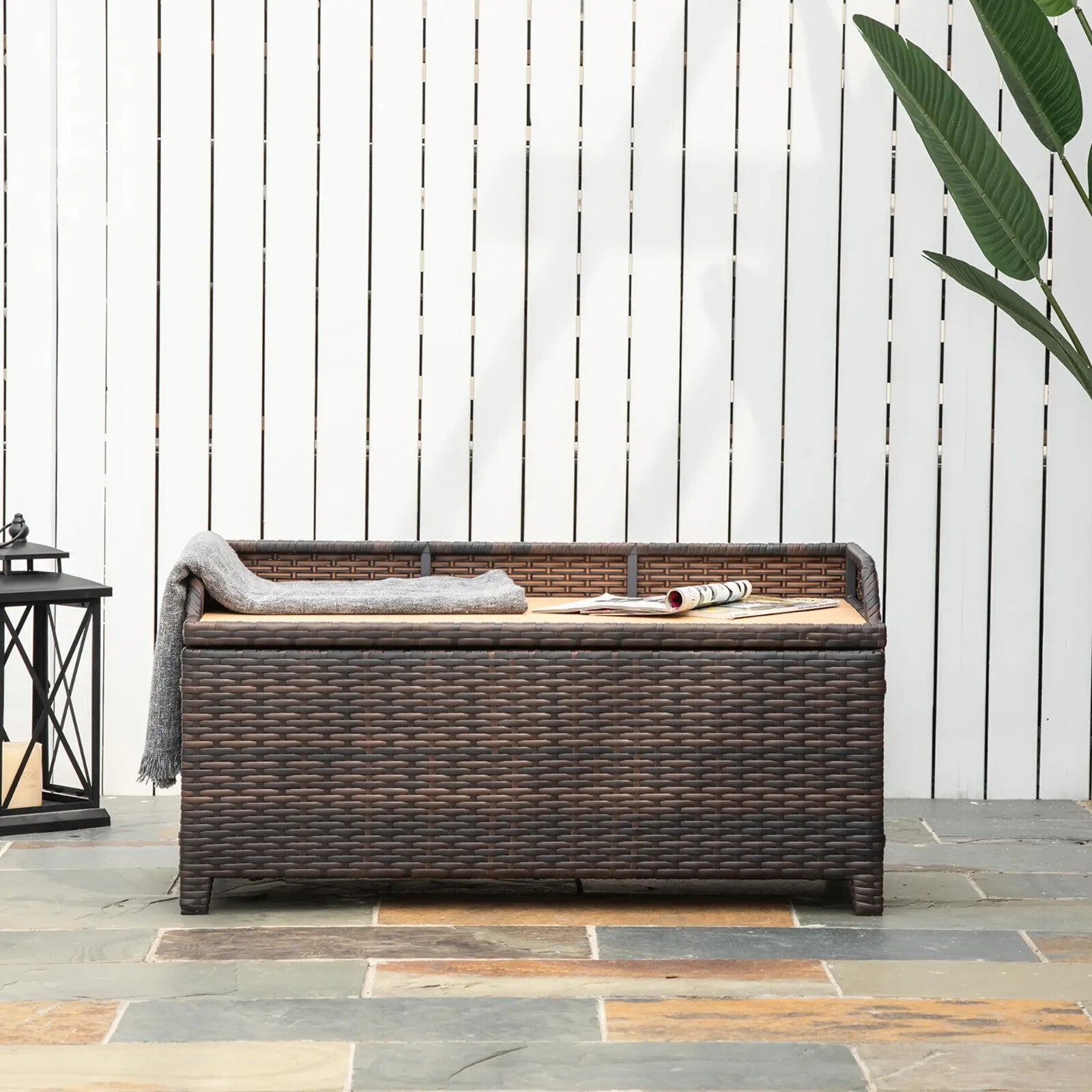 Storage Box PE Rattan Powder Coated w/ Seat Bench Rectangular Shape Mixed Brown - Home and Garden Furniture Shop - rustic - furniture
