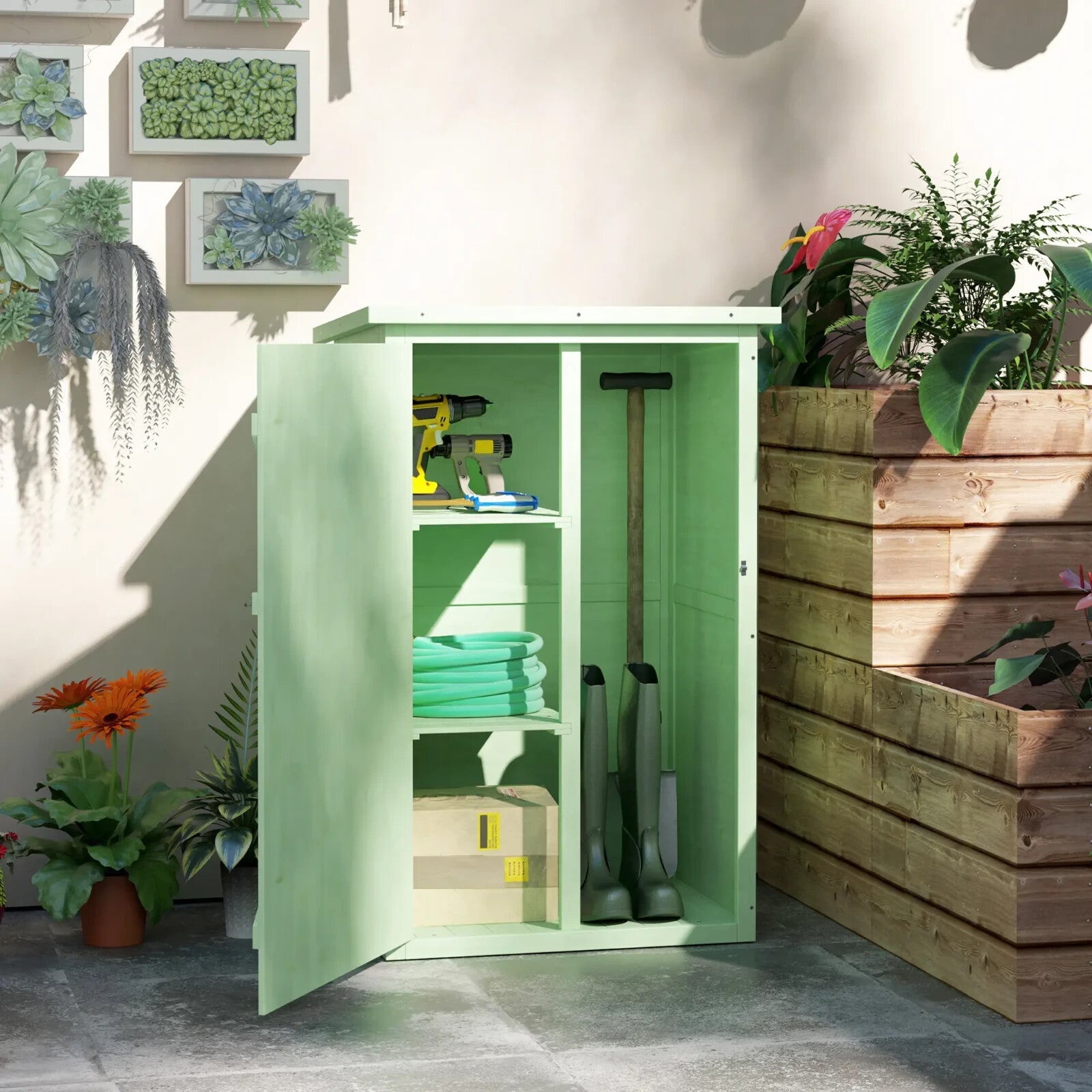 Storage Shed Waterproof with Bolt Latch Lockable Hinged Doors & Shelves Green - Home and Garden Furniture Shop - rustic - furniture