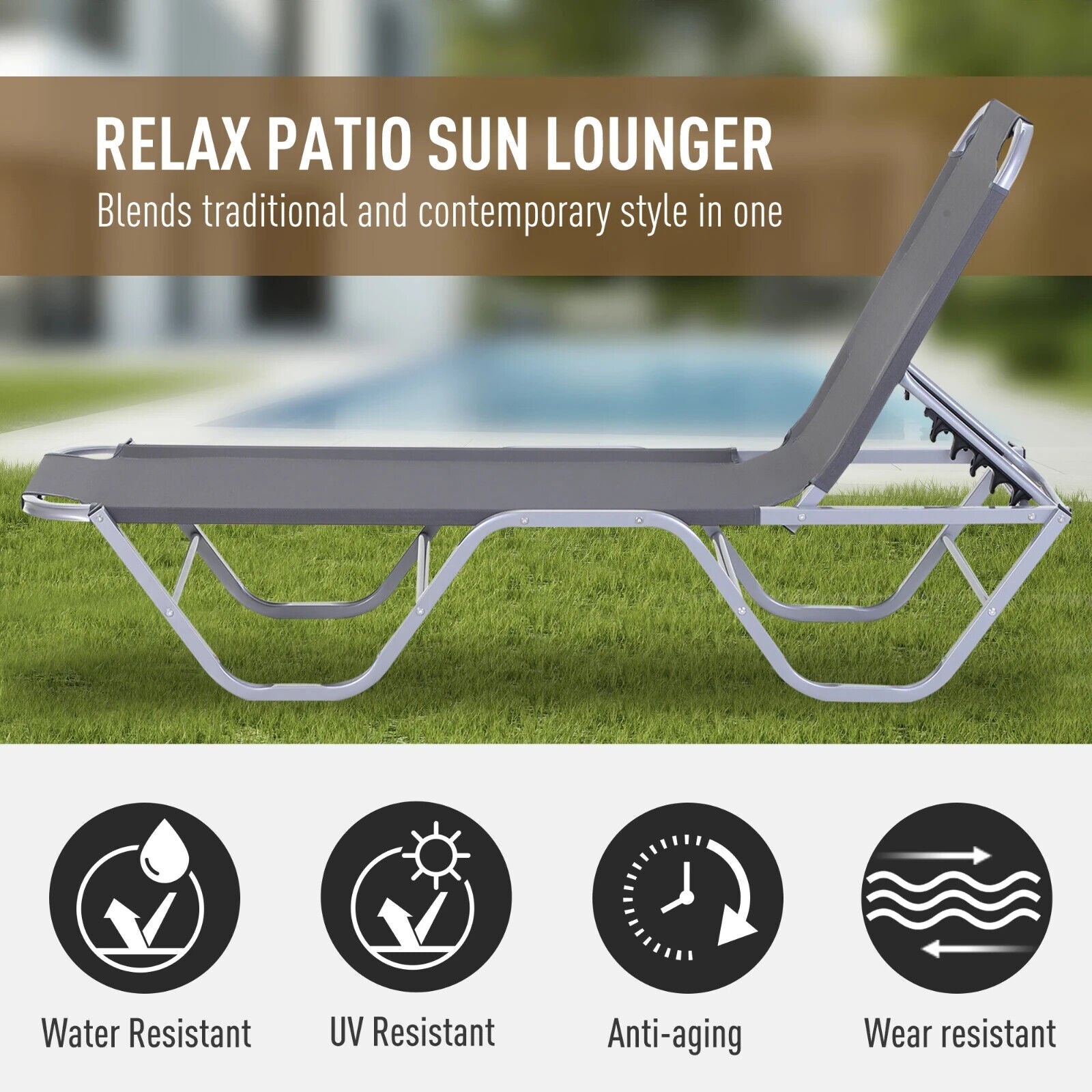 Sun Lounger Relaxer Recliner with 5 Position Adjustable Backrest Garden Silver - Home and Garden Furniture Shop - #rustic - furniture#
