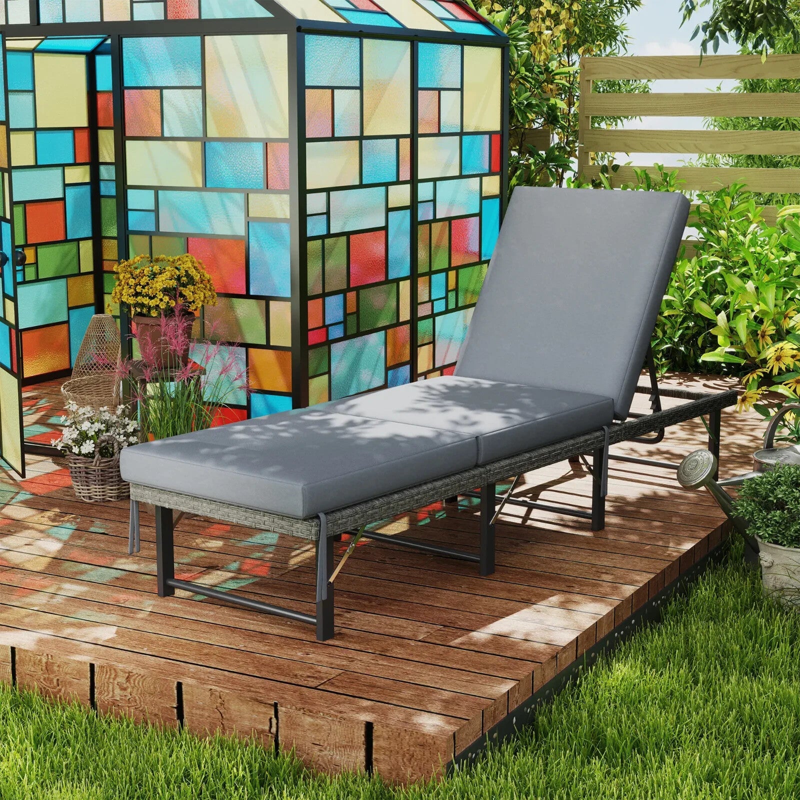 Sunbathing Folding Rattan Sun Lounger with Adjustable Back and Cushion Grey - Home and Garden Furniture Shop - rustic - furniture