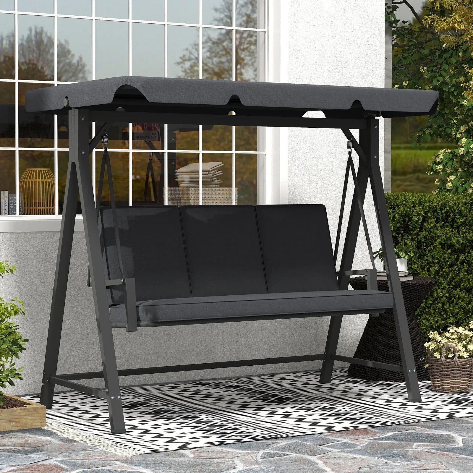Swing Bench 3 - Seater Weather - Resistant w/ Cushion & Adjustable Canopy Dark Grey - Home and Garden Furniture Shop - rustic - furniture