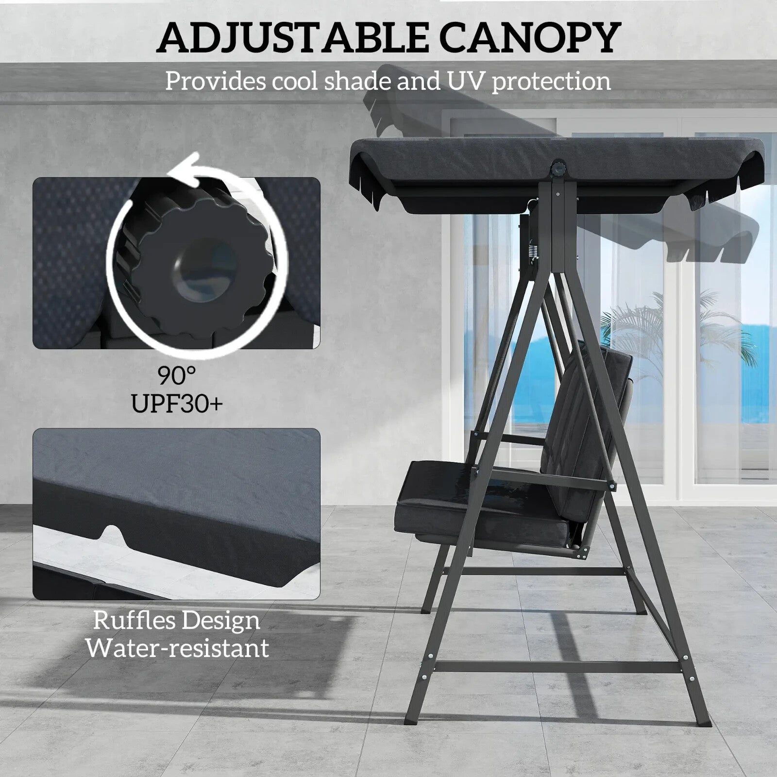 Swing Bench 3 - Seater Weather - Resistant w/ Cushion & Adjustable Canopy Dark Grey - Home and Garden Furniture Shop - rustic - furniture