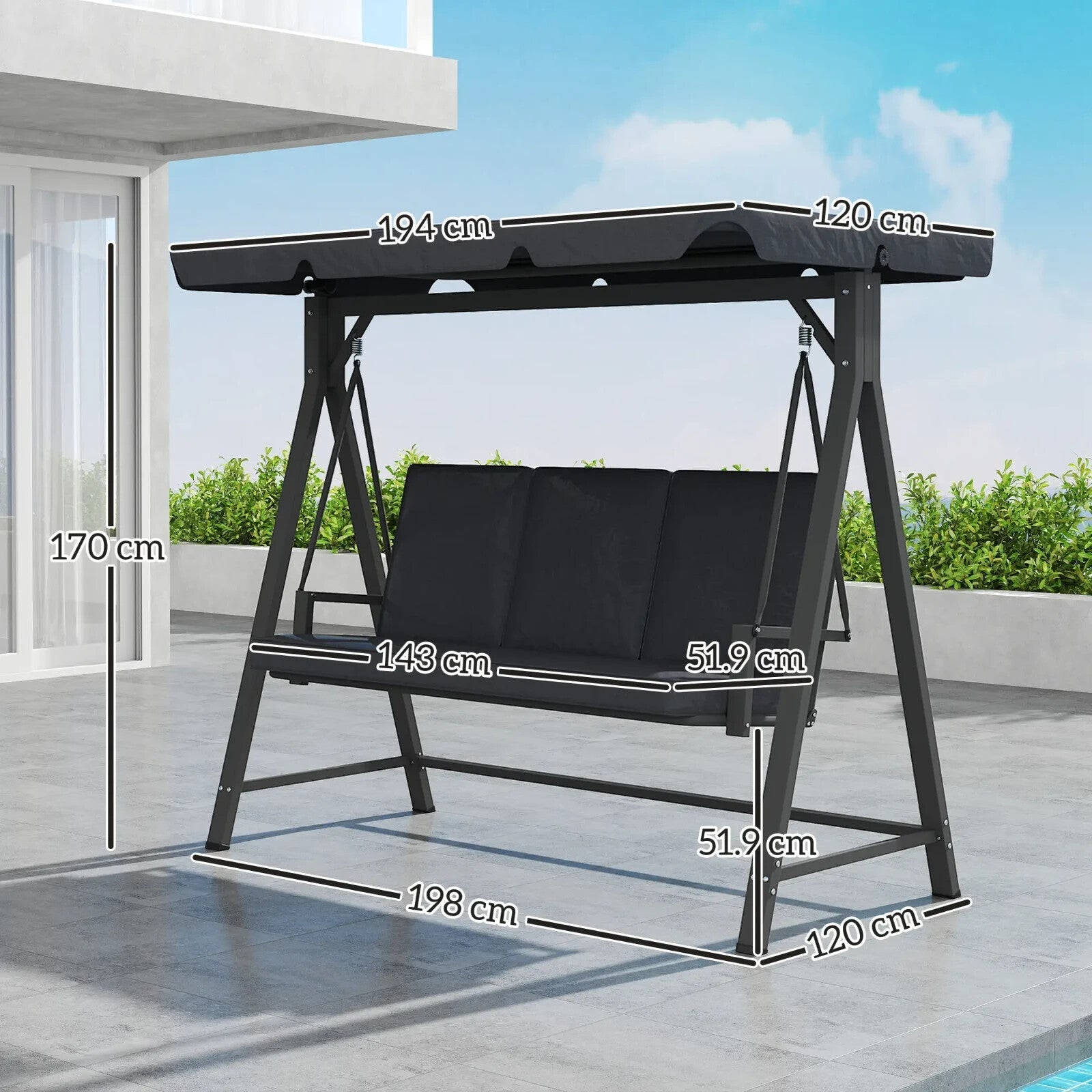 Swing Bench 3 - Seater Weather - Resistant w/ Cushion & Adjustable Canopy Dark Grey - Home and Garden Furniture Shop - rustic - furniture