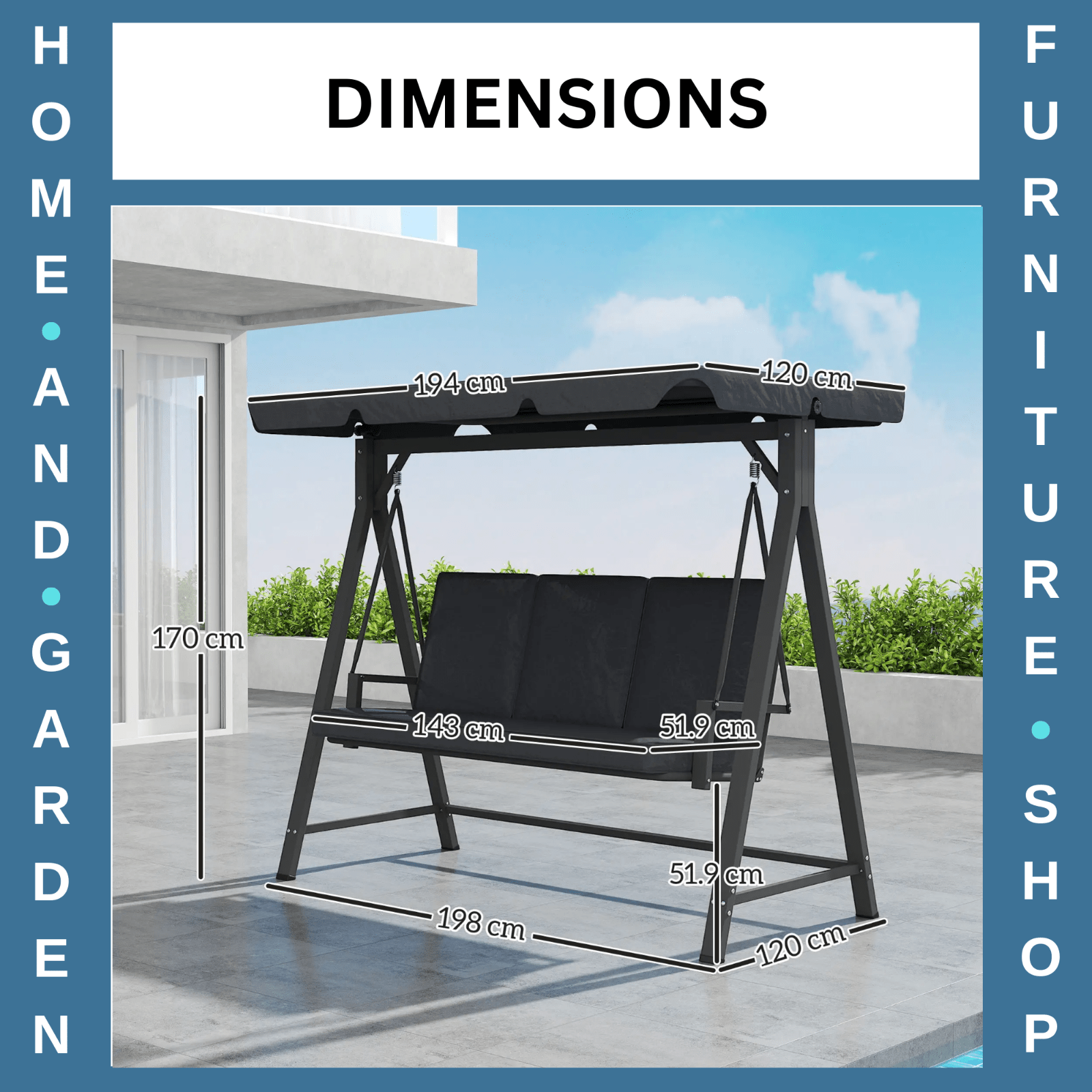 Swing Bench 3 - Seater Weather - Resistant w/ Cushion & Adjustable Canopy Dark Grey - Home and Garden Furniture Shop - rustic - furniture