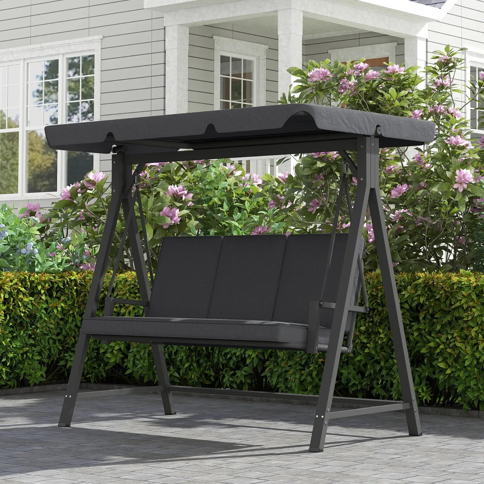 Swing Bench 3 - Seater Weather - Resistant w/ Cushion & Adjustable Canopy Dark Grey - Home and Garden Furniture Shop - rustic - furniture