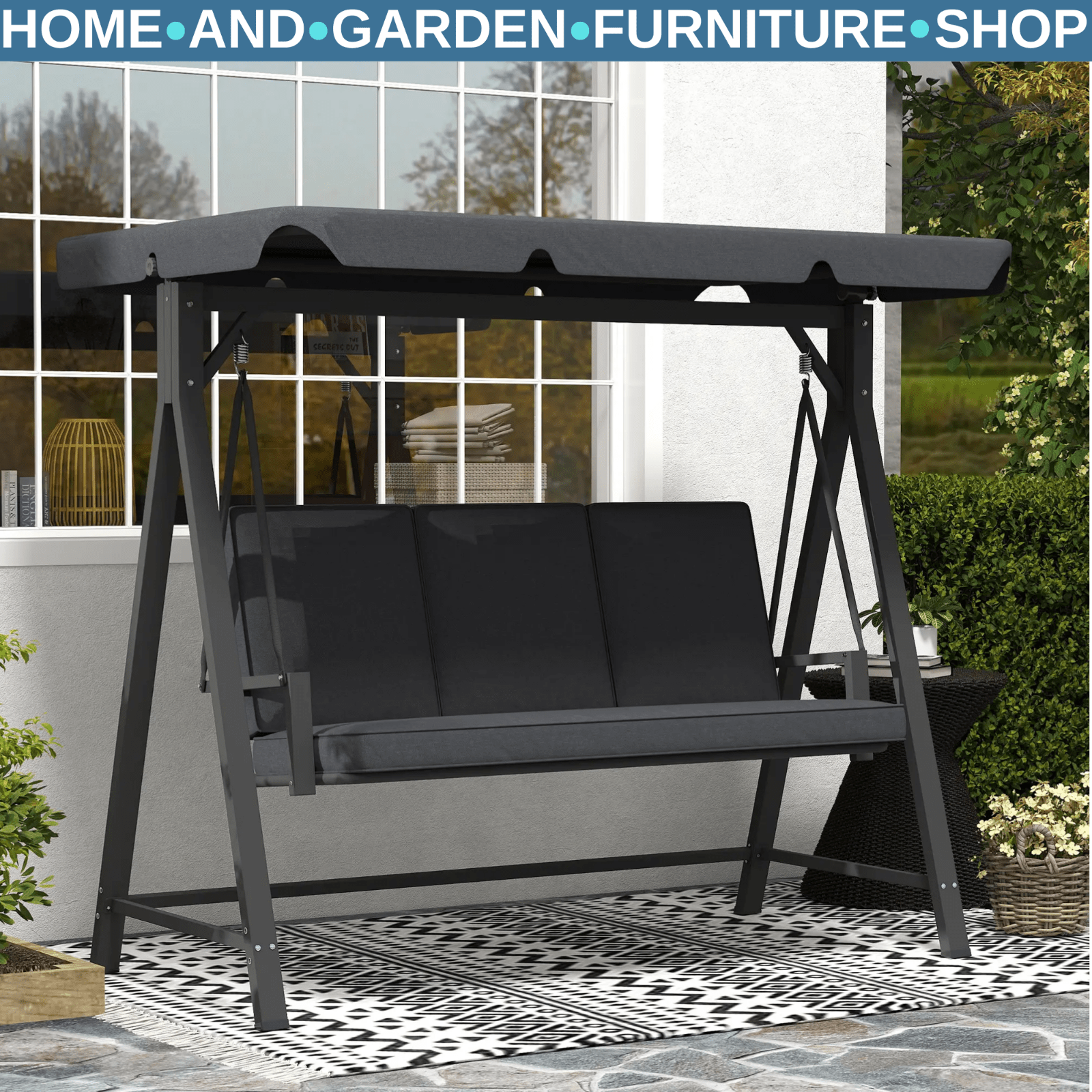 Swing Bench 3 - Seater Weather - Resistant w/ Cushion & Adjustable Canopy Dark Grey - Home and Garden Furniture Shop - rustic - furniture
