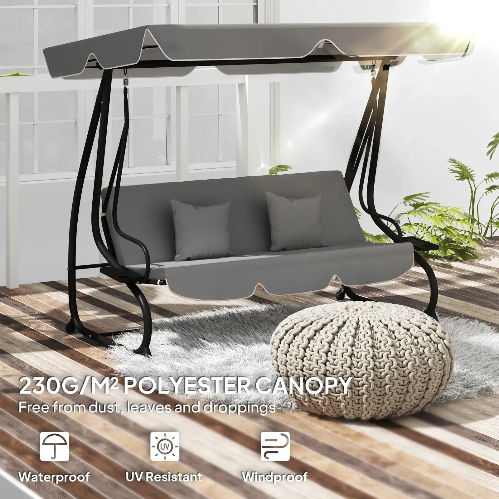 Swing Bench Canopy 3 - Seater Replacement Water - Resistant with Hooks Dark Grey - Home and Garden Furniture Shop - rustic - furniture