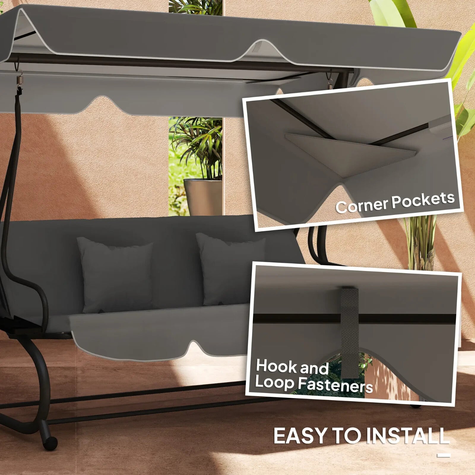 Swing Bench Canopy 3 - Seater Replacement Water - Resistant with Hooks Dark Grey - Home and Garden Furniture Shop - rustic - furniture