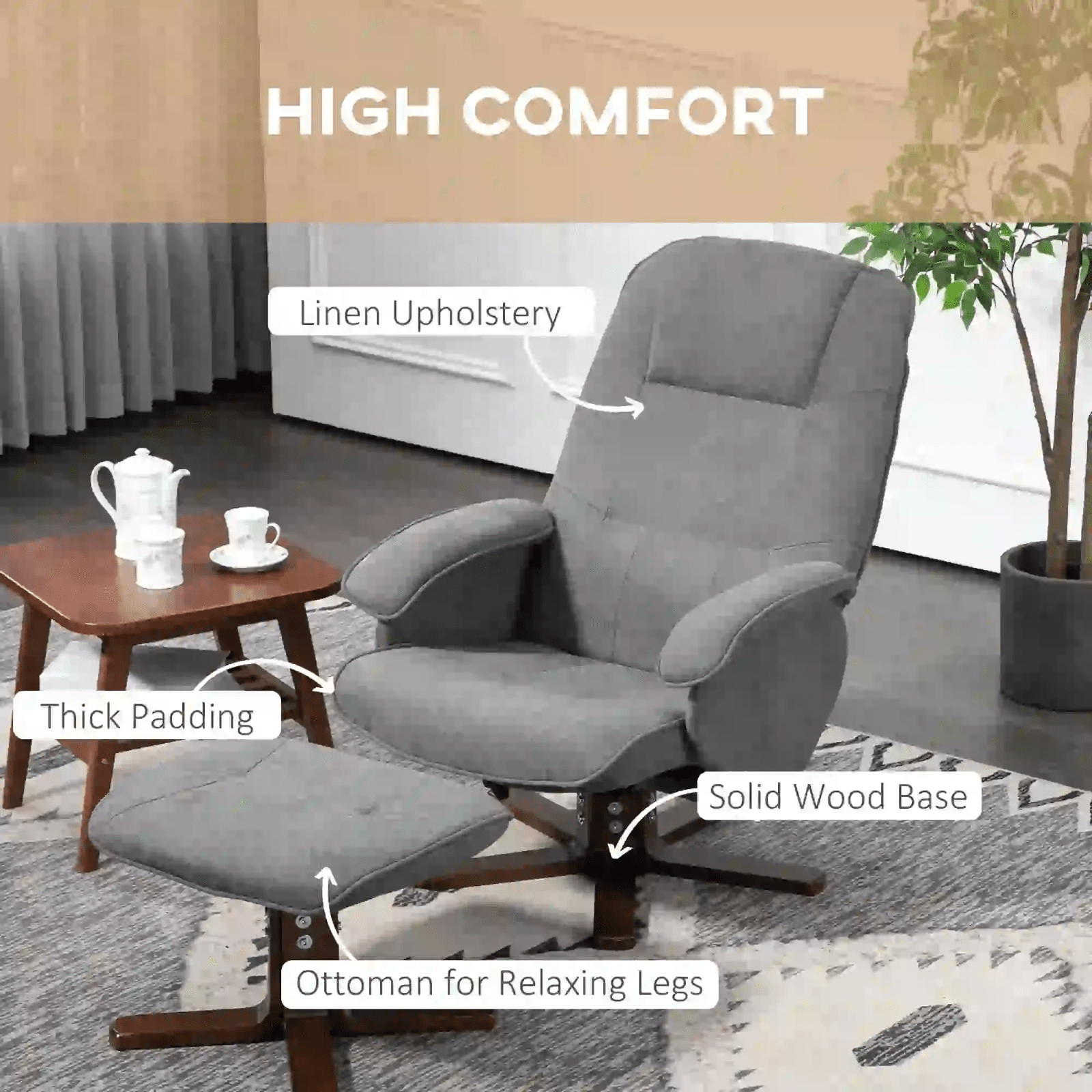 Swivel Recliner Chair with Footstool Ottoman 360 Grey Linen feel Fabric Armchair - Home and Garden Furniture Shop - #rustic - furniture#