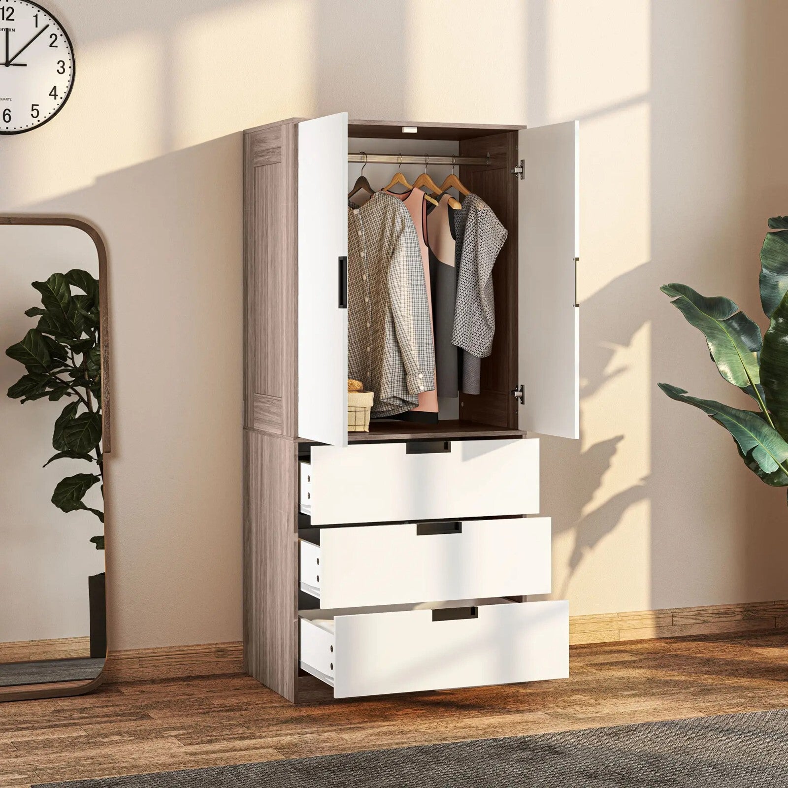 Tall 2 Door Wardrobe 3 Drawers Hanging Rod Metal Clothes Rail Bedroom Storage - Home and Garden Furniture Shop - rustic - furniture