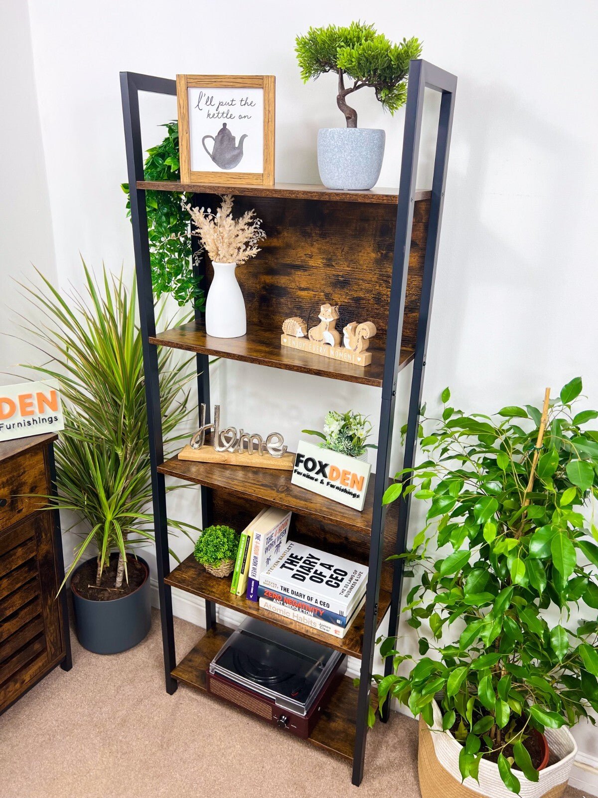 Tall 5 Tier Rustic Bookcase Slim Industrial Bookshelf Storage Unit Display Shelf - Home and Garden Furniture Shop - rustic - furniture