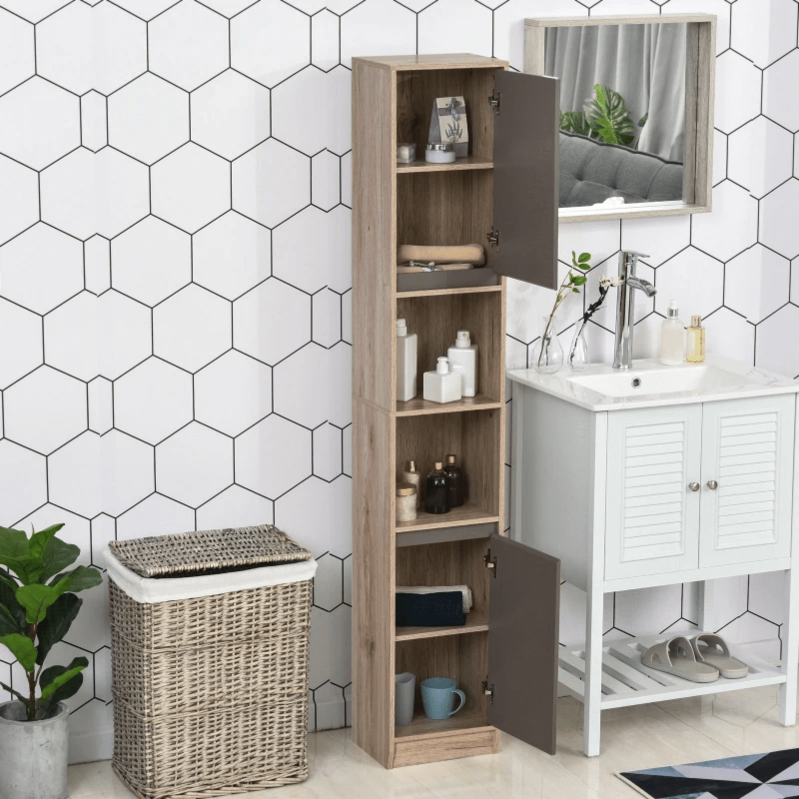 Tall Bathroom Cabinet Storage Unit Modern Slim Tallboy Cupboard Door Shelves NEW - Home and Garden Furniture Shop - #rustic - furniture#