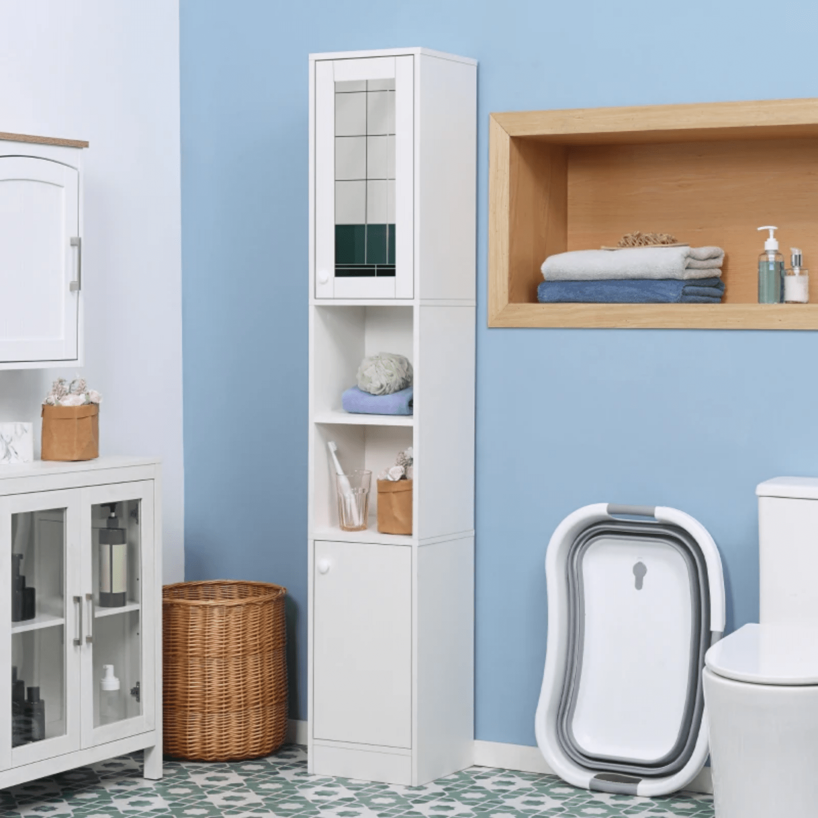 Tall Bathroom Cabinet Storage Unit Modern Slim Tallboy Cupboard Mirrored Door - Home and Garden Furniture Shop - rustic - furniture