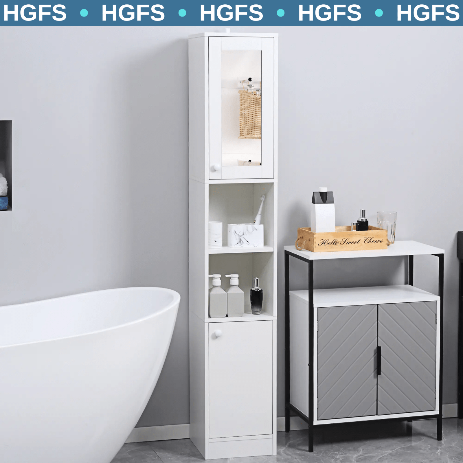 Tall Bathroom Cabinet Storage Unit Modern Slim Tallboy Cupboard Mirrored Door - Home and Garden Furniture Shop - rustic - furniture