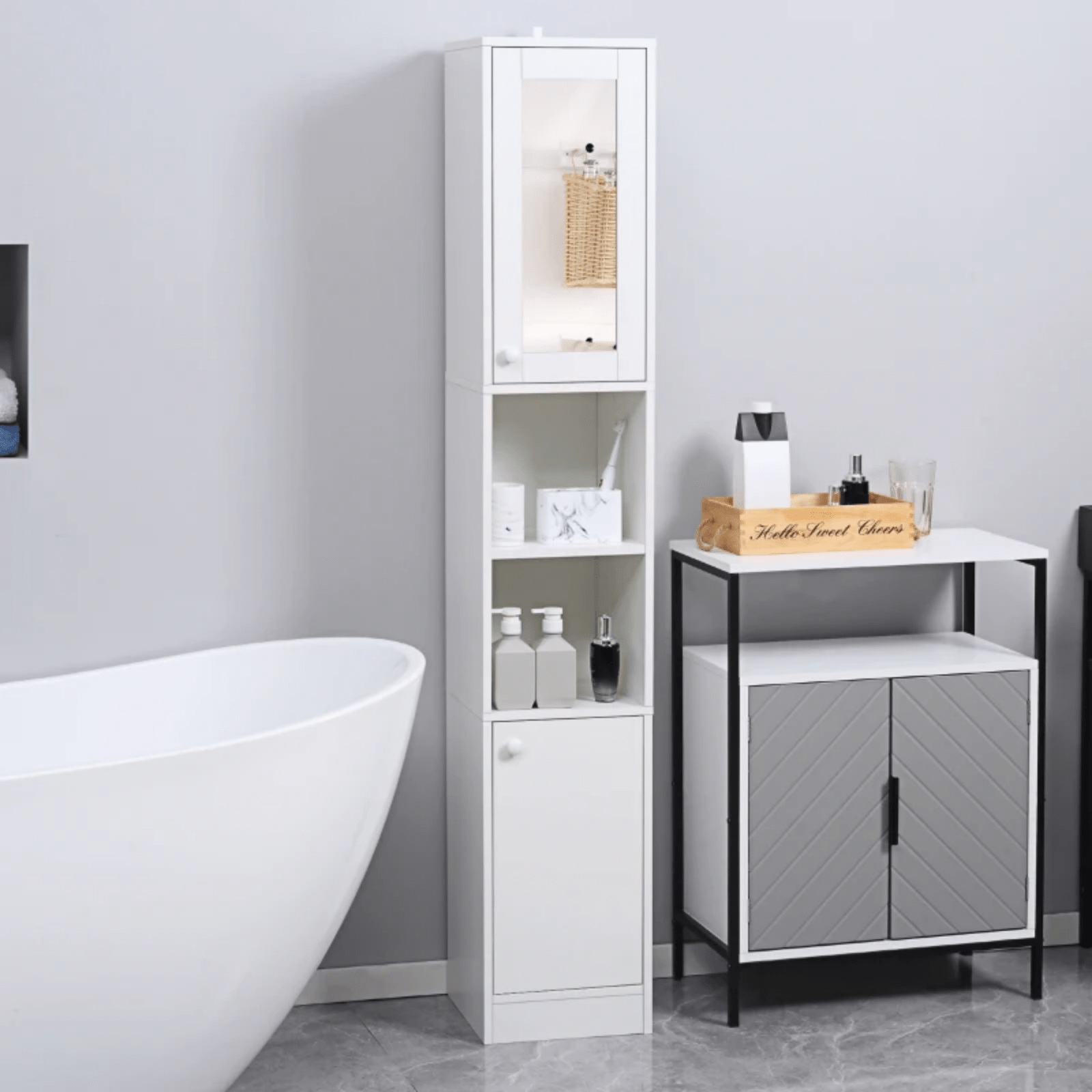 Tall Bathroom Cabinet Storage Unit Modern Slim Tallboy Cupboard Mirrored Door - Home and Garden Furniture Shop - rustic - furniture