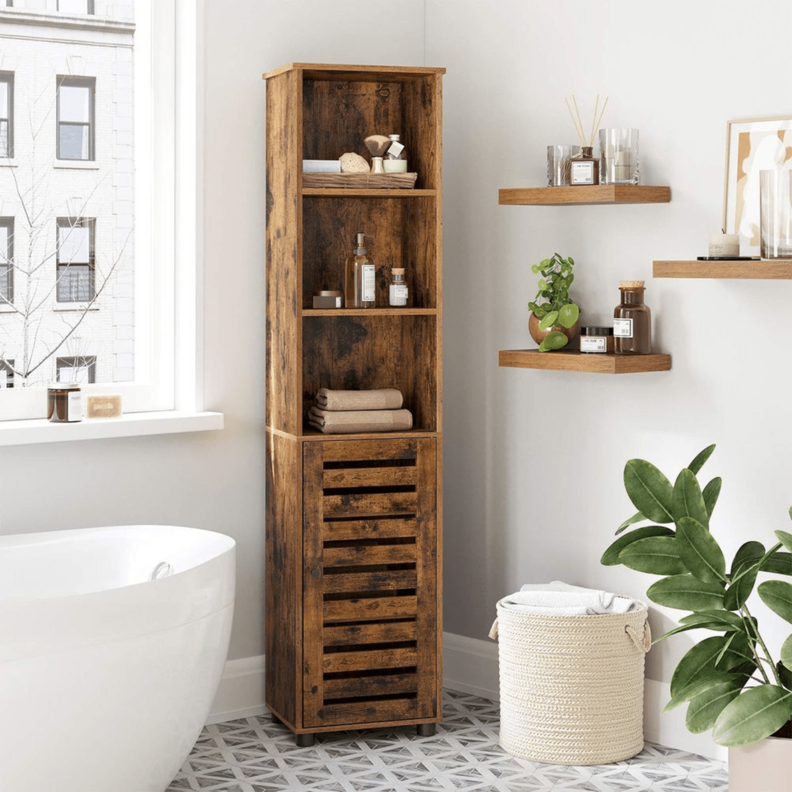 Tall Bathroom Cabinet Storage Unit Rustic Slim Tallboy Cupboard Door Shelves NEW - Home and Garden Furniture Shop - rustic - furniture