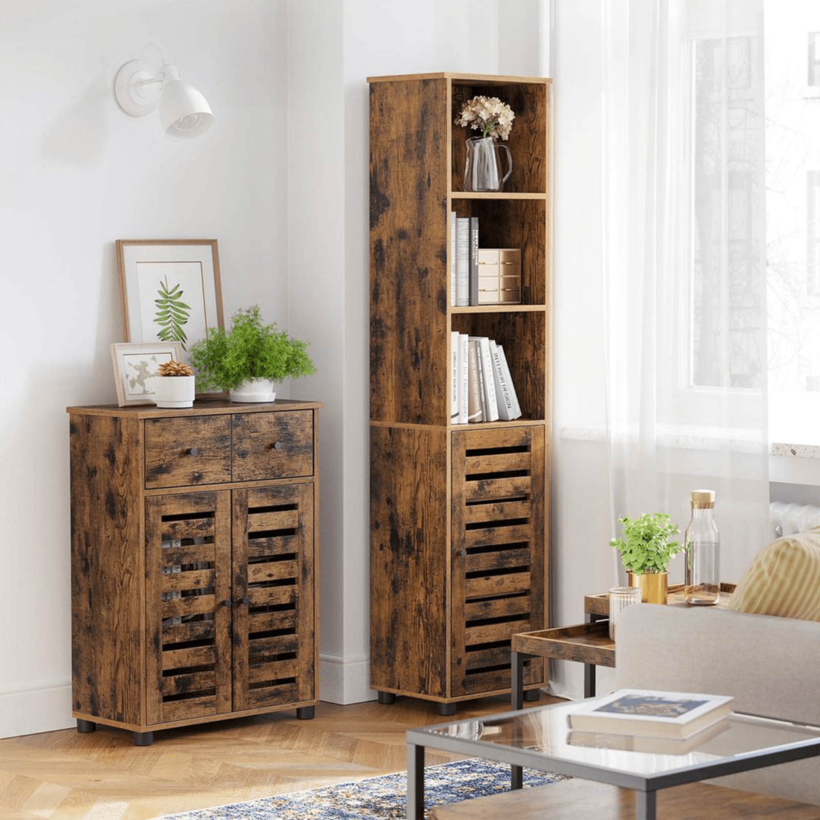 Tall Bathroom Cabinet Storage Unit Rustic Slim Tallboy Cupboard Door Shelves NEW - Home and Garden Furniture Shop - rustic - furniture
