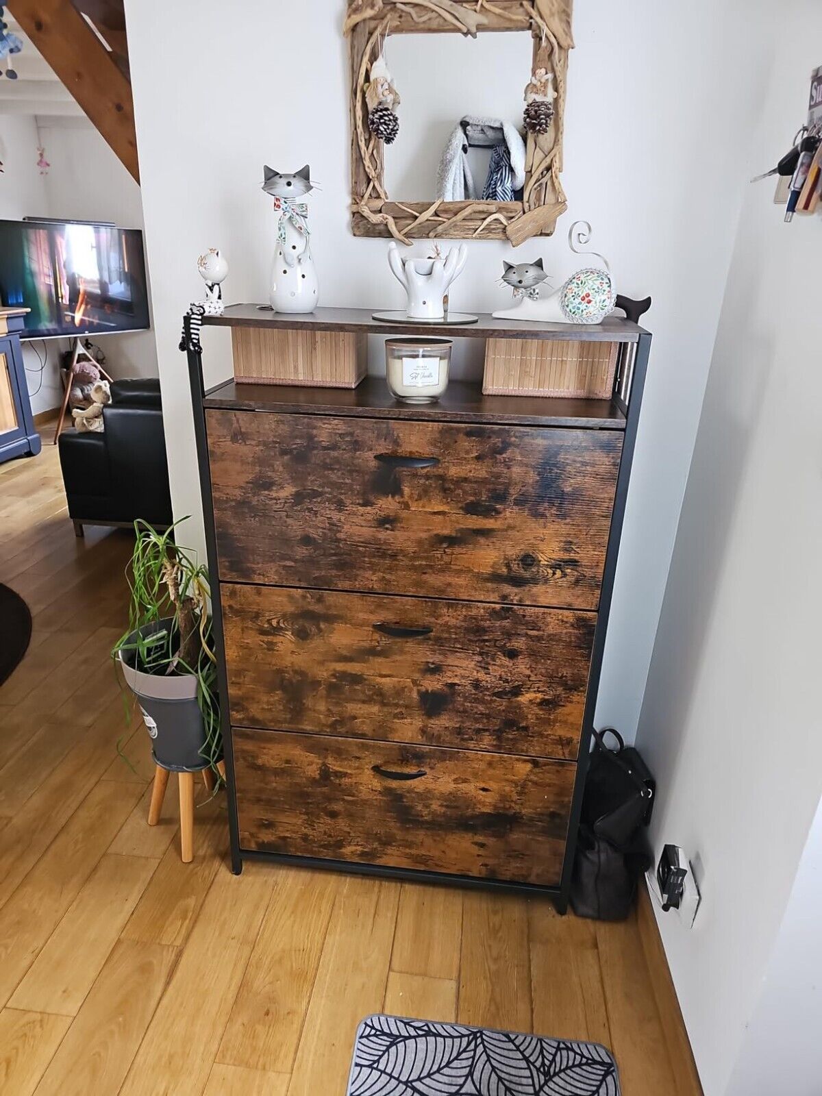 Tall Space Saving Shoe Cabinet Storage Rack Rustic Brown 3 Flip Doors Industrial - Home and Garden Furniture Shop - #rustic - furniture#