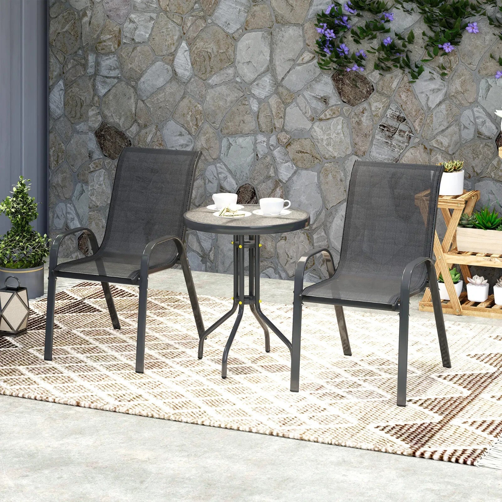 Three - Piece Garden Bistro Set with Stackable Chairs - Outdoor Patio Furniture - Home and Garden Furniture Shop - rustic - furniture