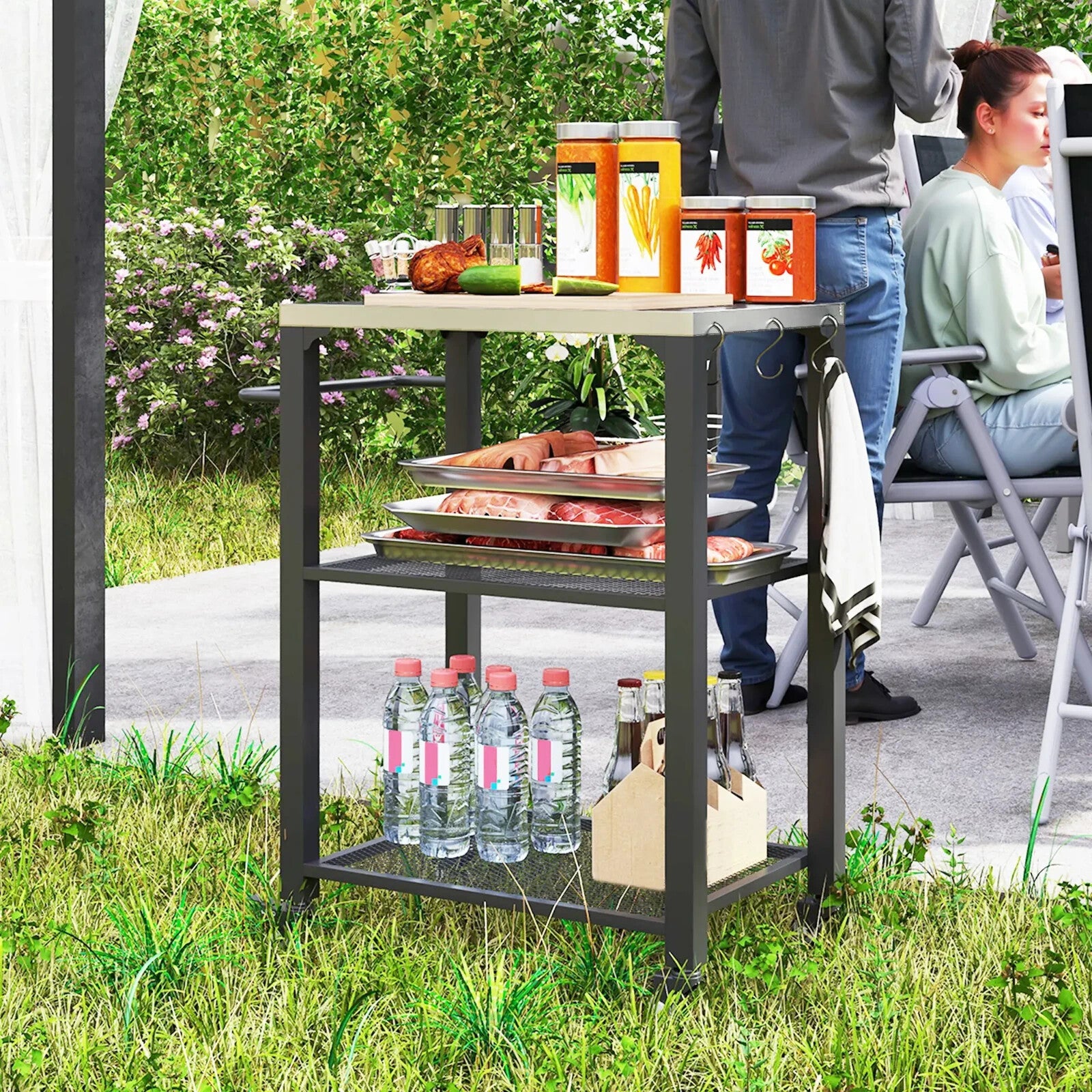 Three Shelf Outdoor Grill Cart Stainless Steel Top Kitchen Trolley with Wheels - Home and Garden Furniture Shop - rustic - furniture