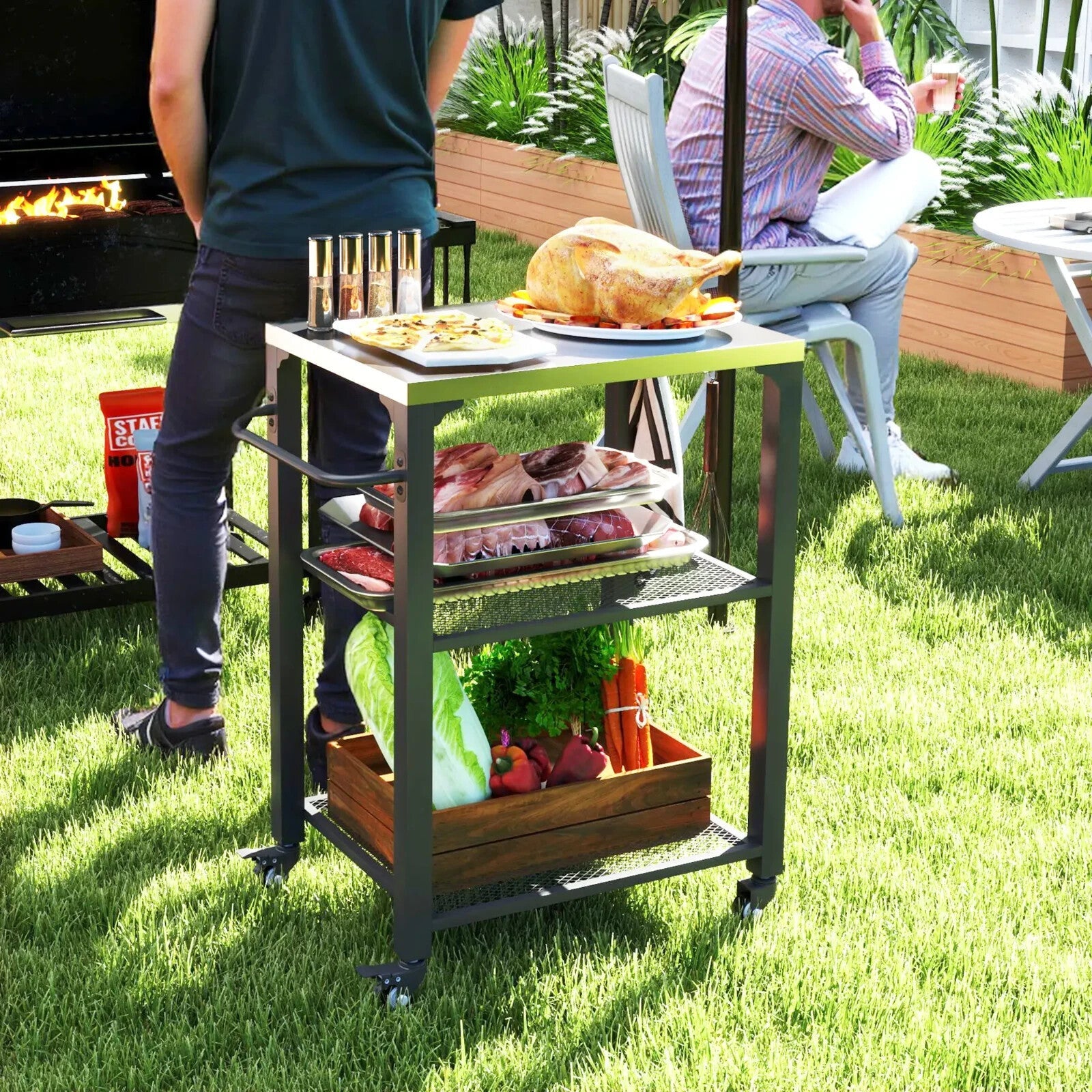 Three Shelf Outdoor Grill Cart Stainless Steel Top Kitchen Trolley with Wheels - Home and Garden Furniture Shop - rustic - furniture