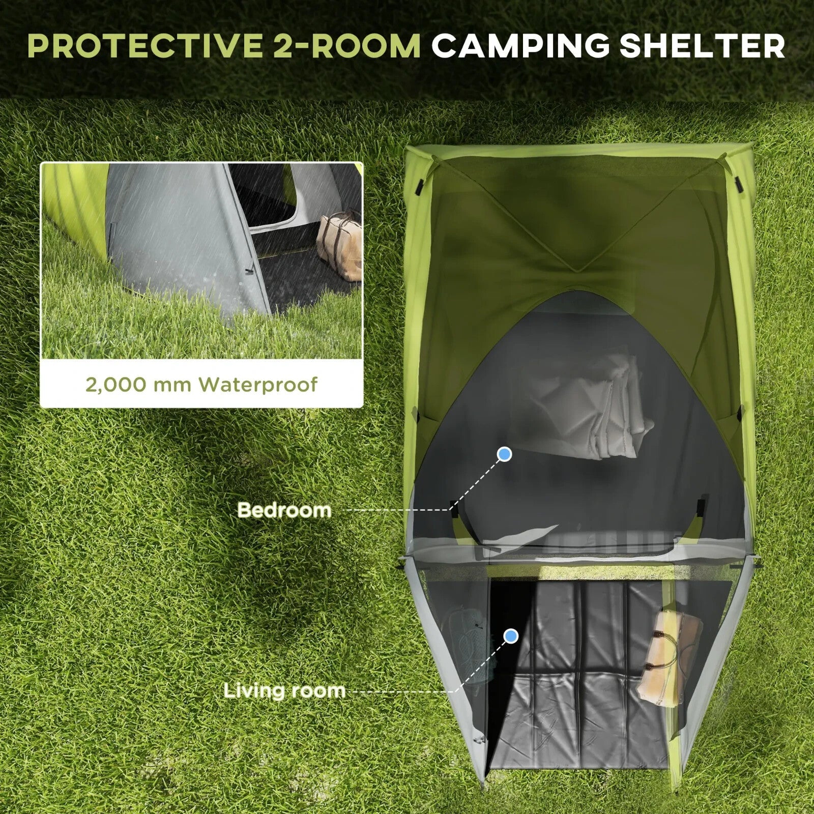 Two - Man Dome Tent 2 Rooms and 2000mm Waterproof with Front Porch Yellow Grey - Home and Garden Furniture Shop - rustic - furniture