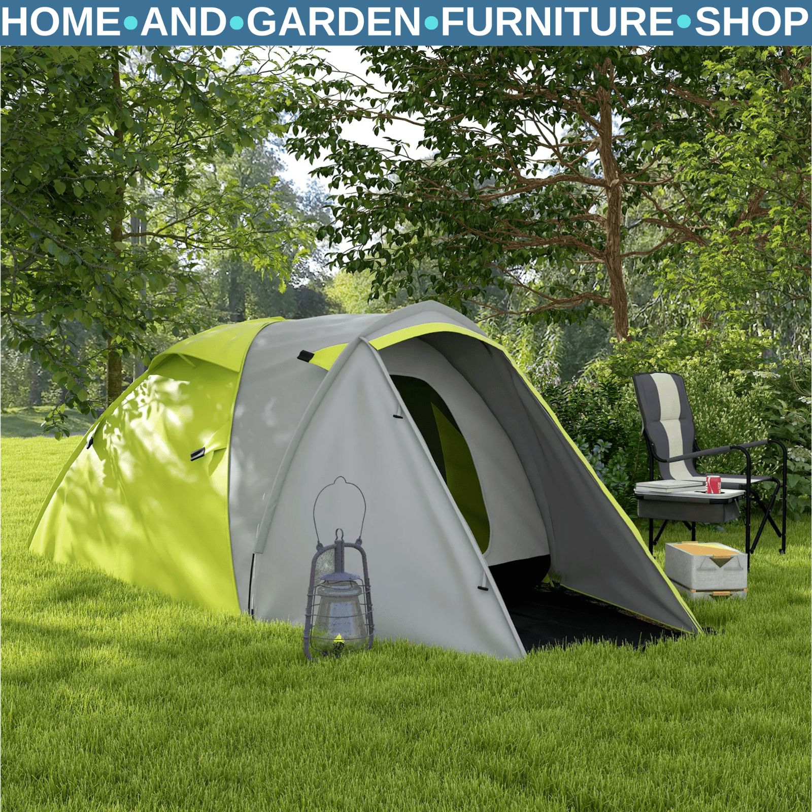 Two - Man Dome Tent 2 Rooms and 2000mm Waterproof with Front Porch Yellow Grey - Home and Garden Furniture Shop - rustic - furniture