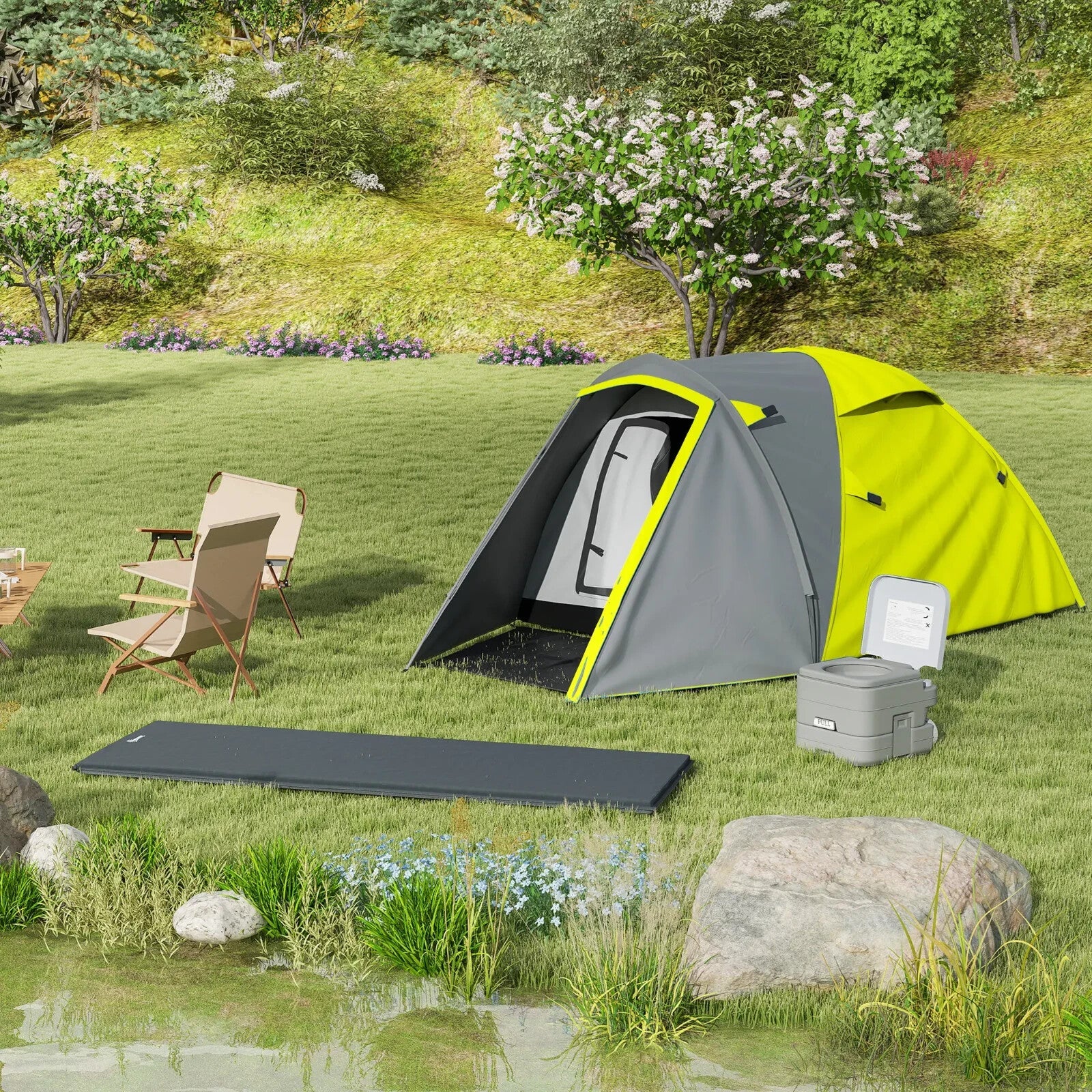 Two - Man Dome Tent 2 Rooms and 2000mm Waterproof with Front Porch Yellow Grey - Home and Garden Furniture Shop - rustic - furniture