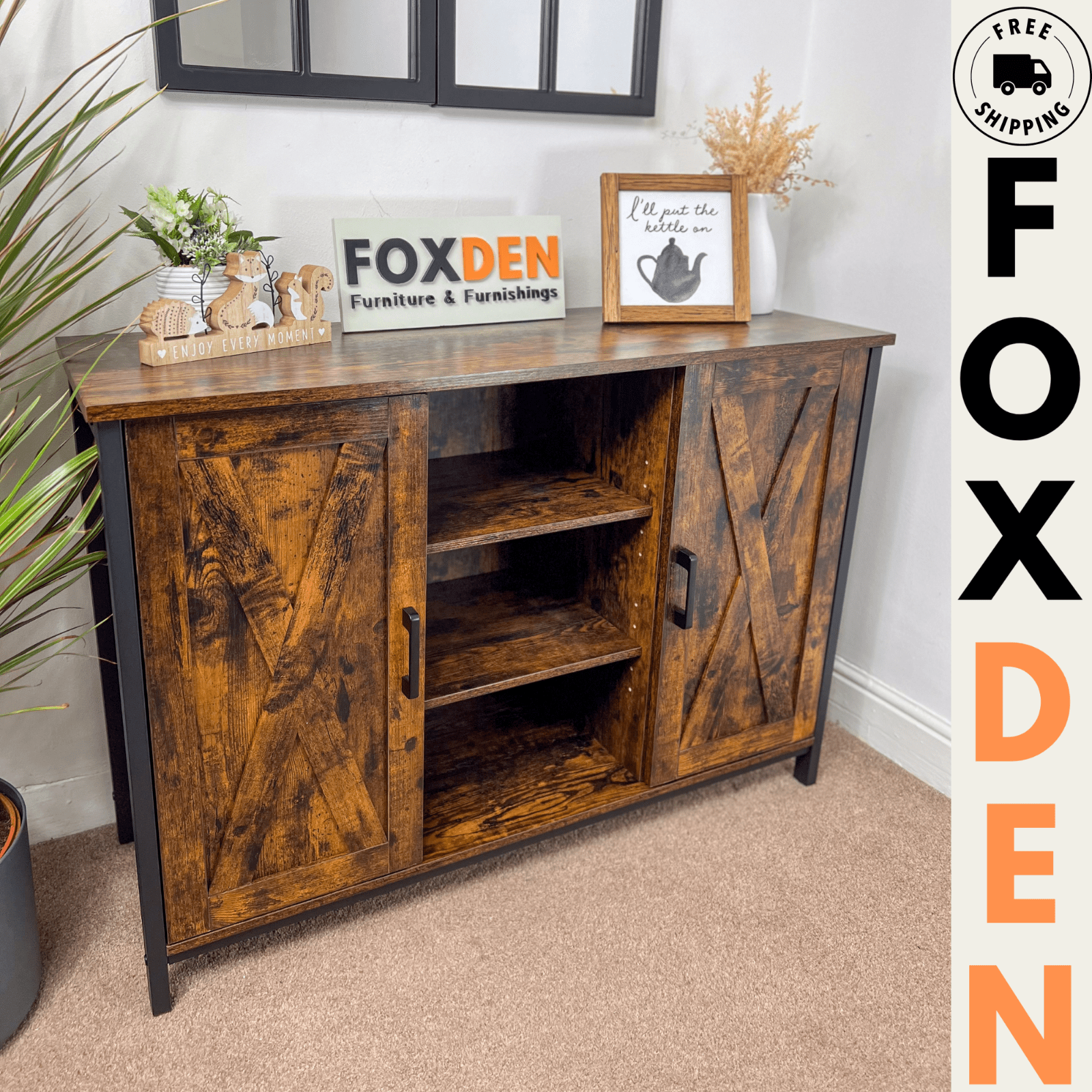 Vintage Industrial Sideboard Cabinet Farmhouse Barn Doors Cupboard Storage Shelf - Home and Garden Furniture Shop - rustic - furniture