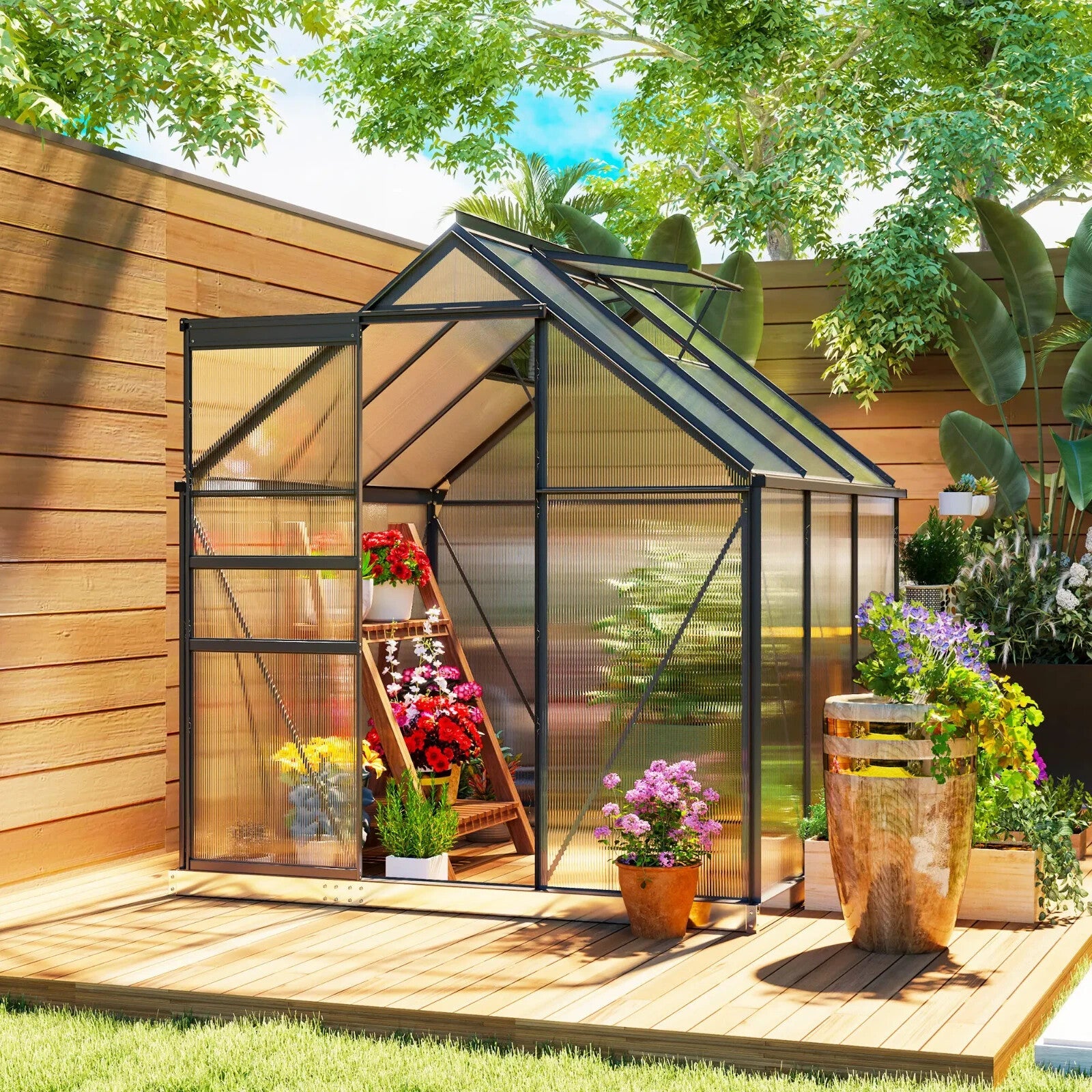Walk - In Greenhouse Polycarbonate For Garden with Sliding Door & 3 Vents Grey - Home and Garden Furniture Shop - rustic - furniture