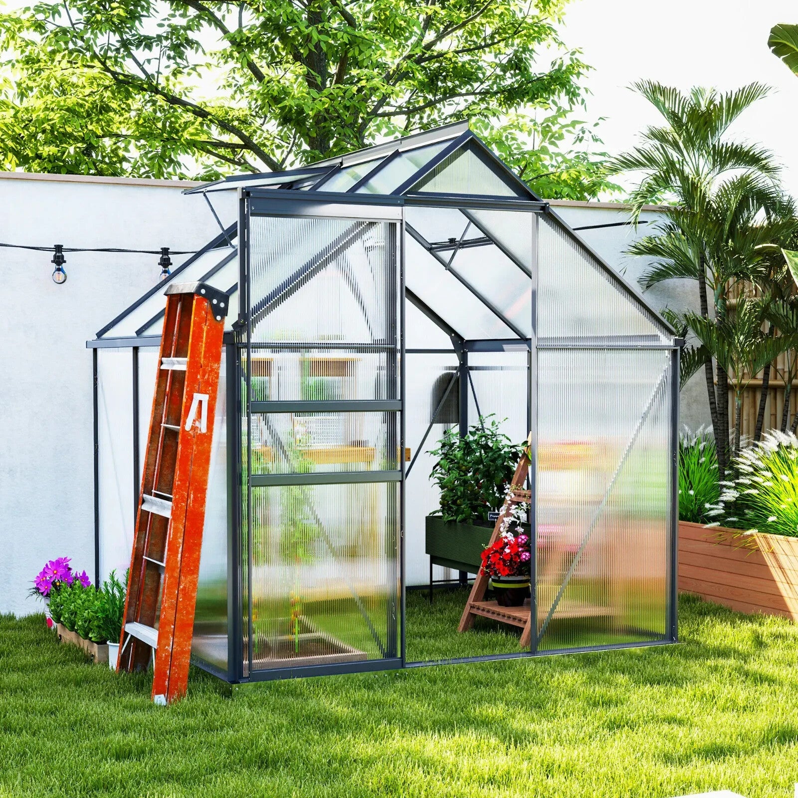 Walk - In Greenhouse Polycarbonate For Garden with Sliding Door & 3 Vents Grey - Home and Garden Furniture Shop - rustic - furniture