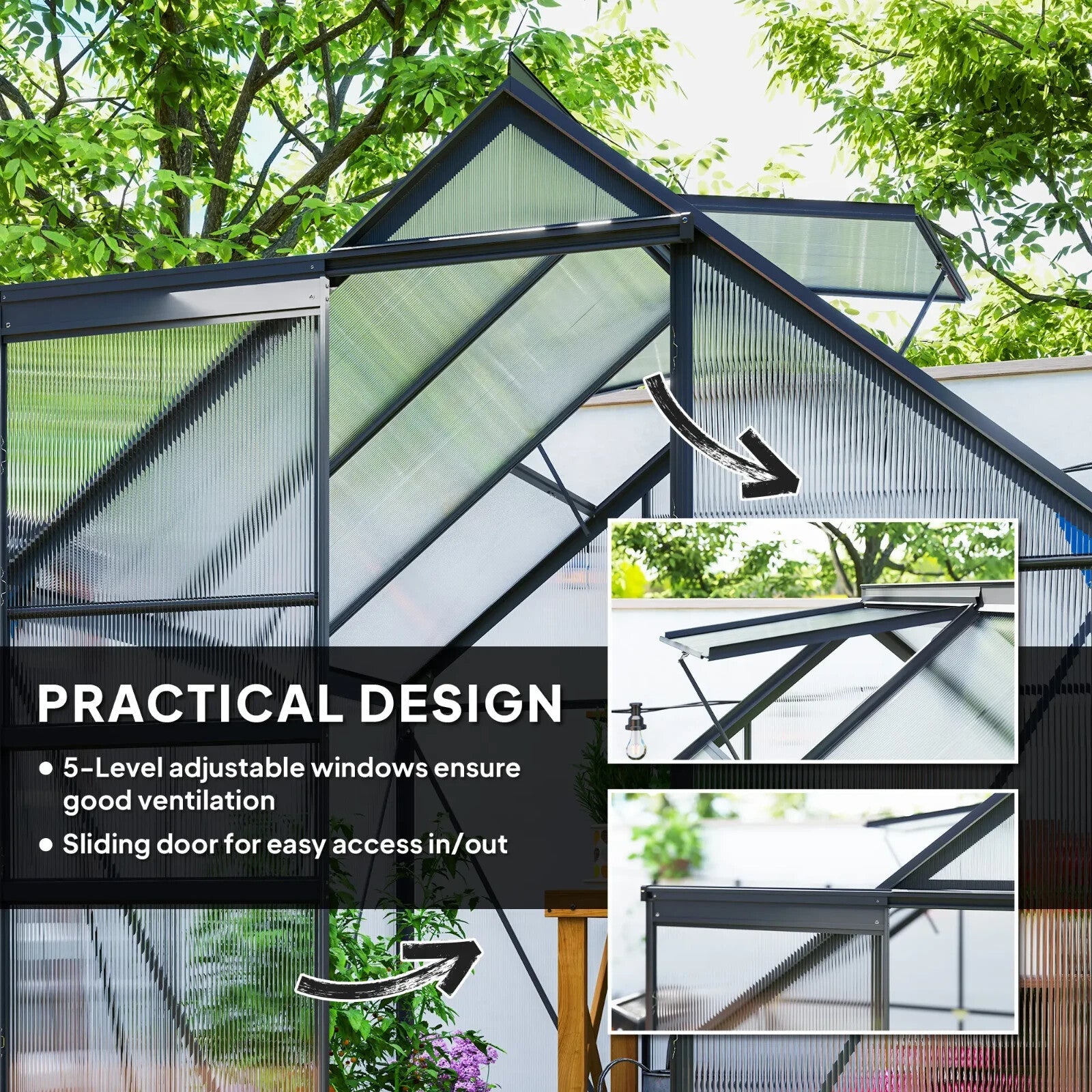 Walk - In Greenhouse Polycarbonate For Garden with Sliding Door & 3 Vents Grey - Home and Garden Furniture Shop - rustic - furniture