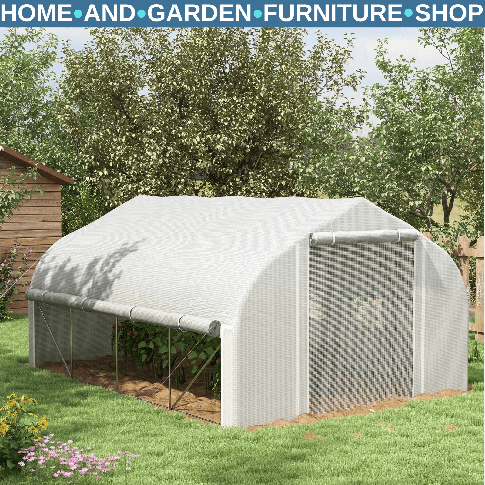 Walk - In Polytunnel Greenhouse 4 x 3m with Sidewalls Mesh Door and 8 Windows Tent - Home and Garden Furniture Shop - rustic - furniture