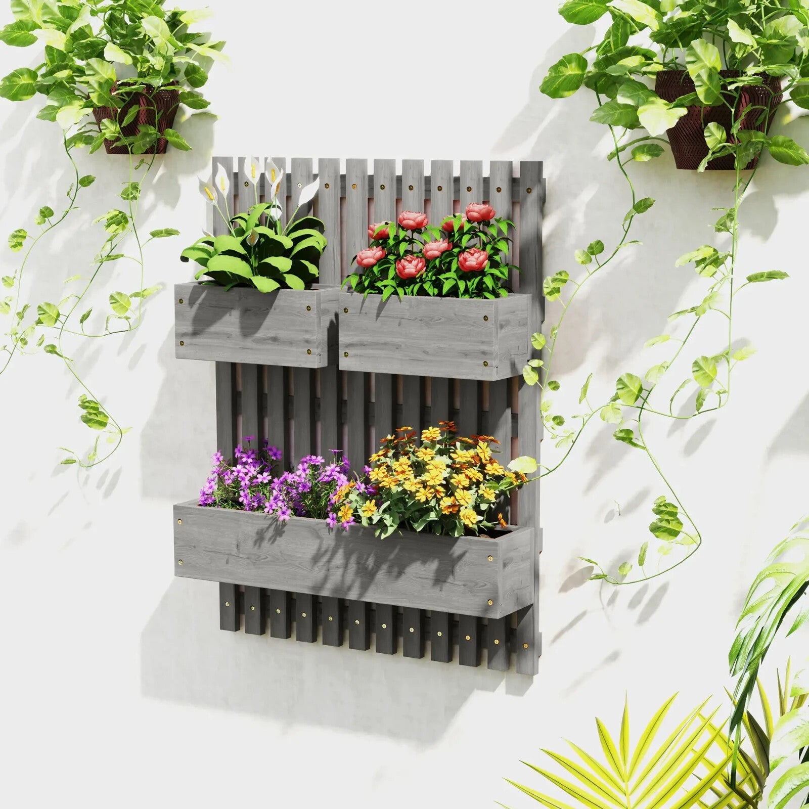 Wall Mounted Wooden Garden Planters With Trellis And 3 Boxes Outdoor Patio - Home and Garden Furniture Shop - rustic - furniture