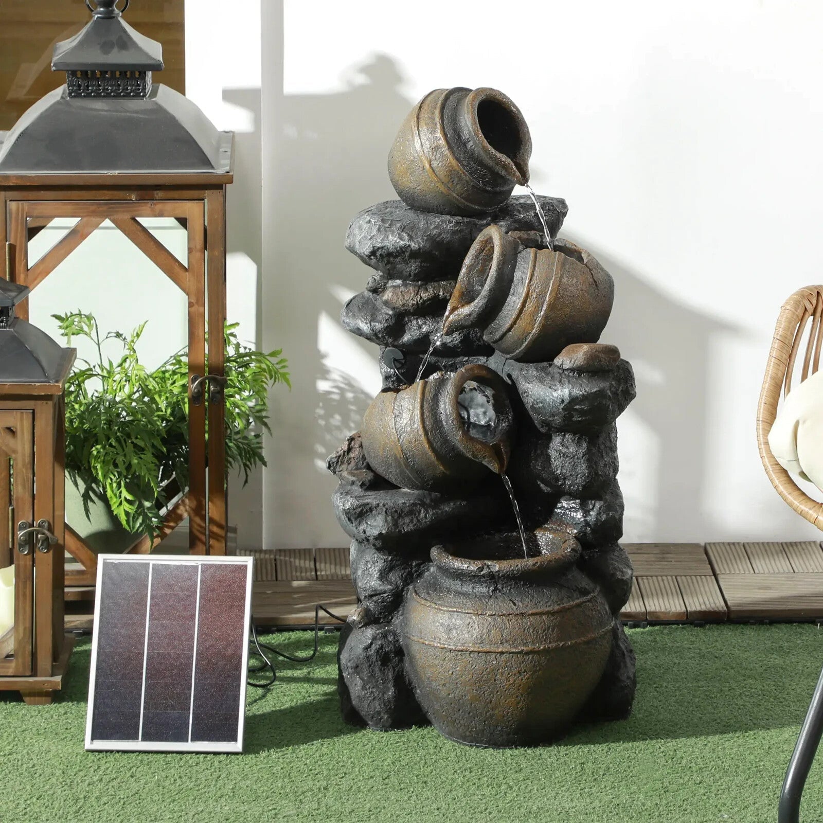 Water Feature Solar Powered Cascading Jar Design with LED Lights and Pump Grey - Home and Garden Furniture Shop - rustic - furniture