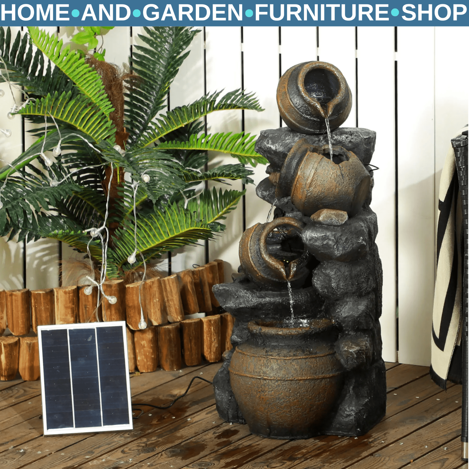 Water Feature Solar Powered Cascading Jar Design with LED Lights and Pump Grey - Home and Garden Furniture Shop - rustic - furniture