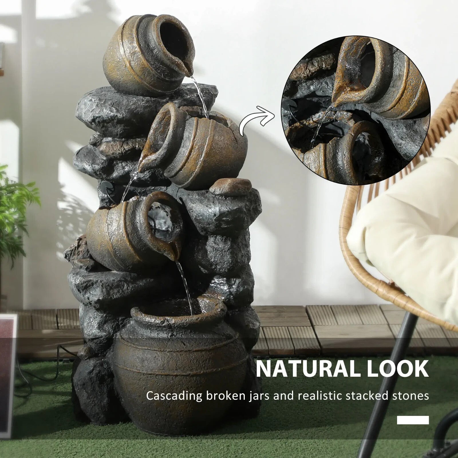 Water Feature Solar Powered Cascading Jar Design with LED Lights and Pump Grey - Home and Garden Furniture Shop - rustic - furniture