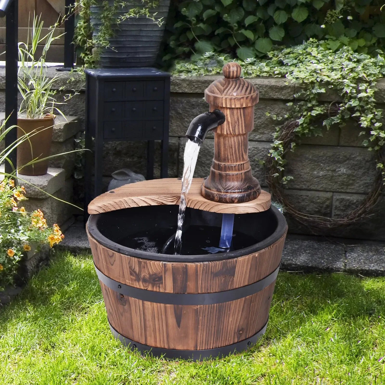 Water Fountain Water Feature Round Ornament With Electric Pump Carbonized Wood - Home and Garden Furniture Shop - rustic - furniture