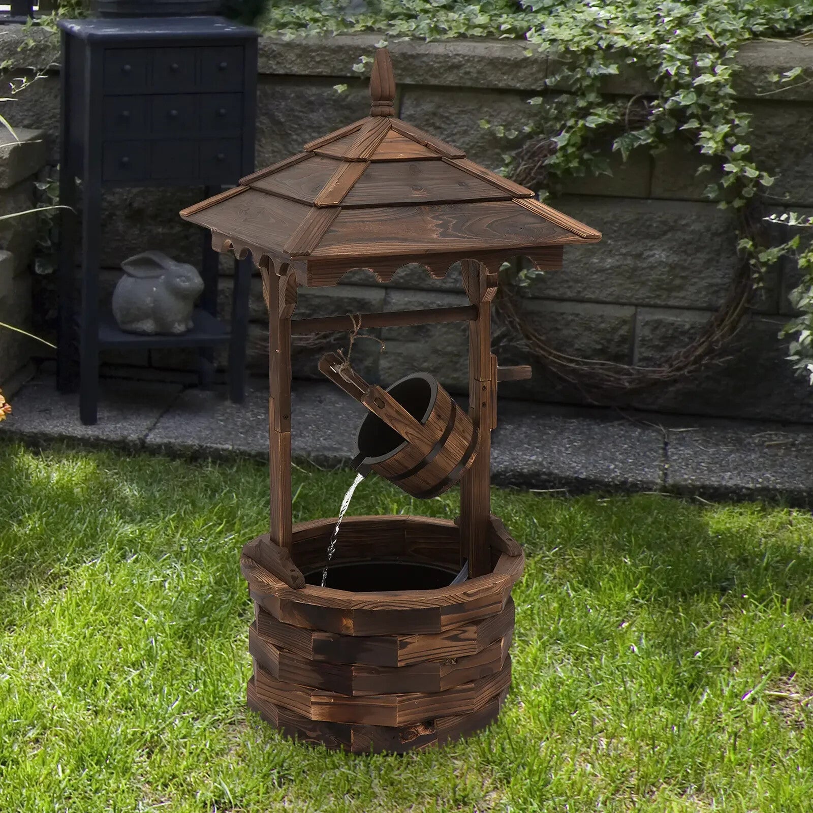 Water Fountain Wishing Well Barrel Design W/ Pump For Waterfall Carbonized Wood - Home and Garden Furniture Shop - rustic - furniture
