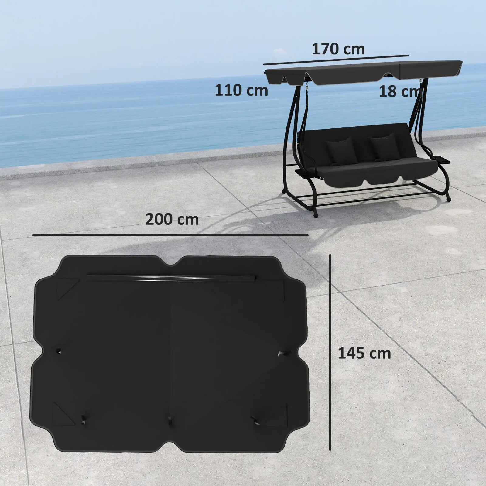 Waterproof Garden 3 Seater Swing Seat Canopy Cover Replacement for Patio, Black - Home and Garden Furniture Shop - rustic - furniture