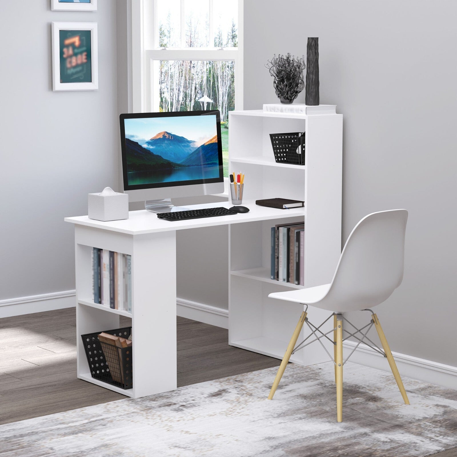 White Computer Desk 120cm Bookshelf Writing Table Study Workstation Side Shelves - Home and Garden Furniture Shop - rustic - furniture