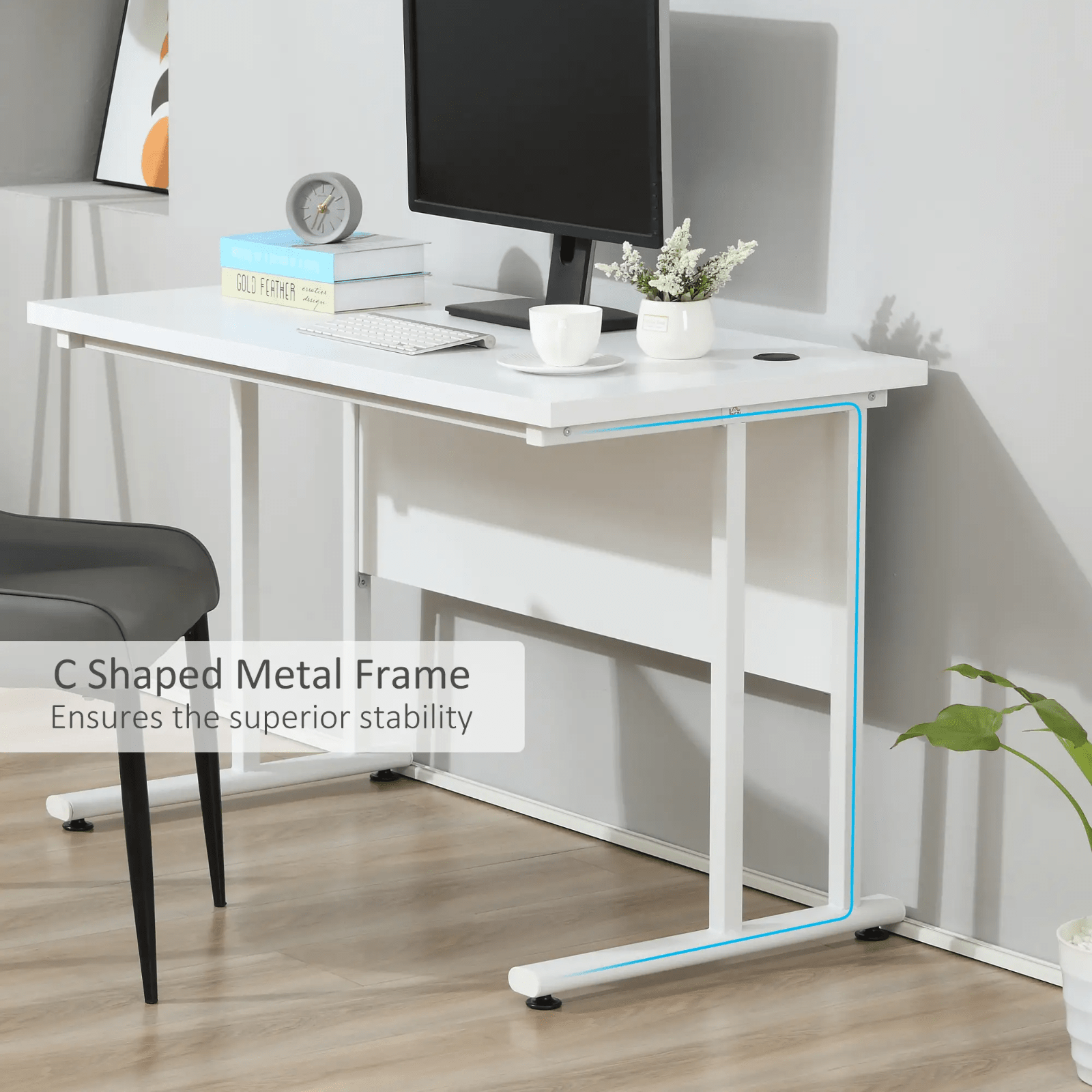 White Computer Desk 120cm Home Office Desk 2 Cable Management Holes Metal Legs - Home and Garden Furniture Shop - rustic - furniture