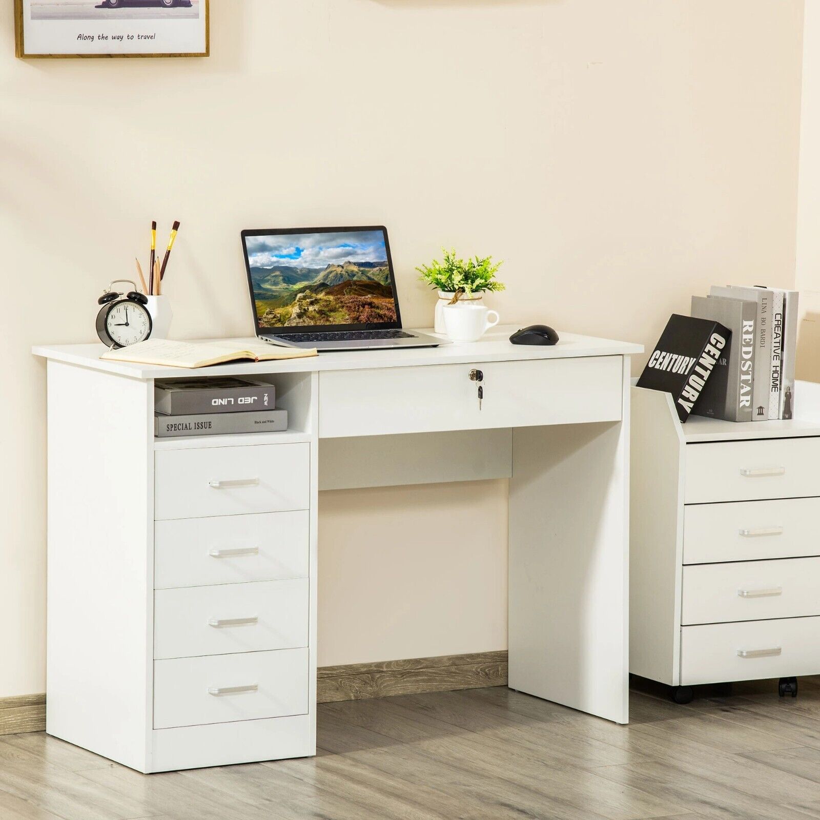 White Computer Desk Side Drawers for Home Office Study Table Writing Workstation - Home and Garden Furniture Shop - #rustic - furniture#