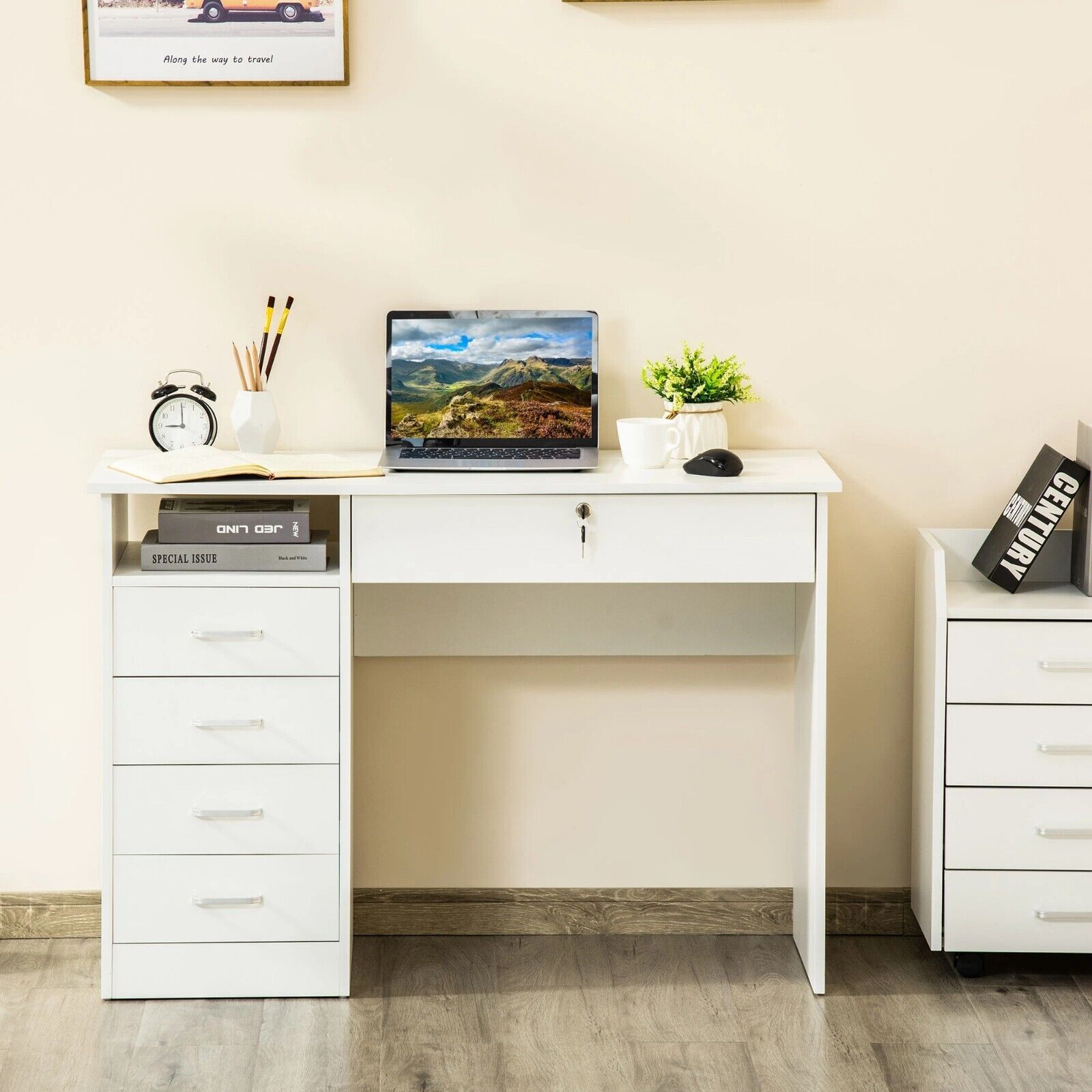 White Computer Desk Side Drawers for Home Office Study Table Writing Workstation - Home and Garden Furniture Shop - #rustic - furniture#