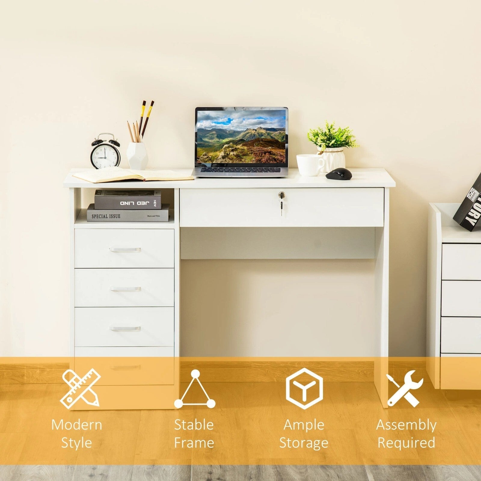 White Computer Desk Side Drawers for Home Office Study Table Writing Workstation - Home and Garden Furniture Shop - rustic - furniture