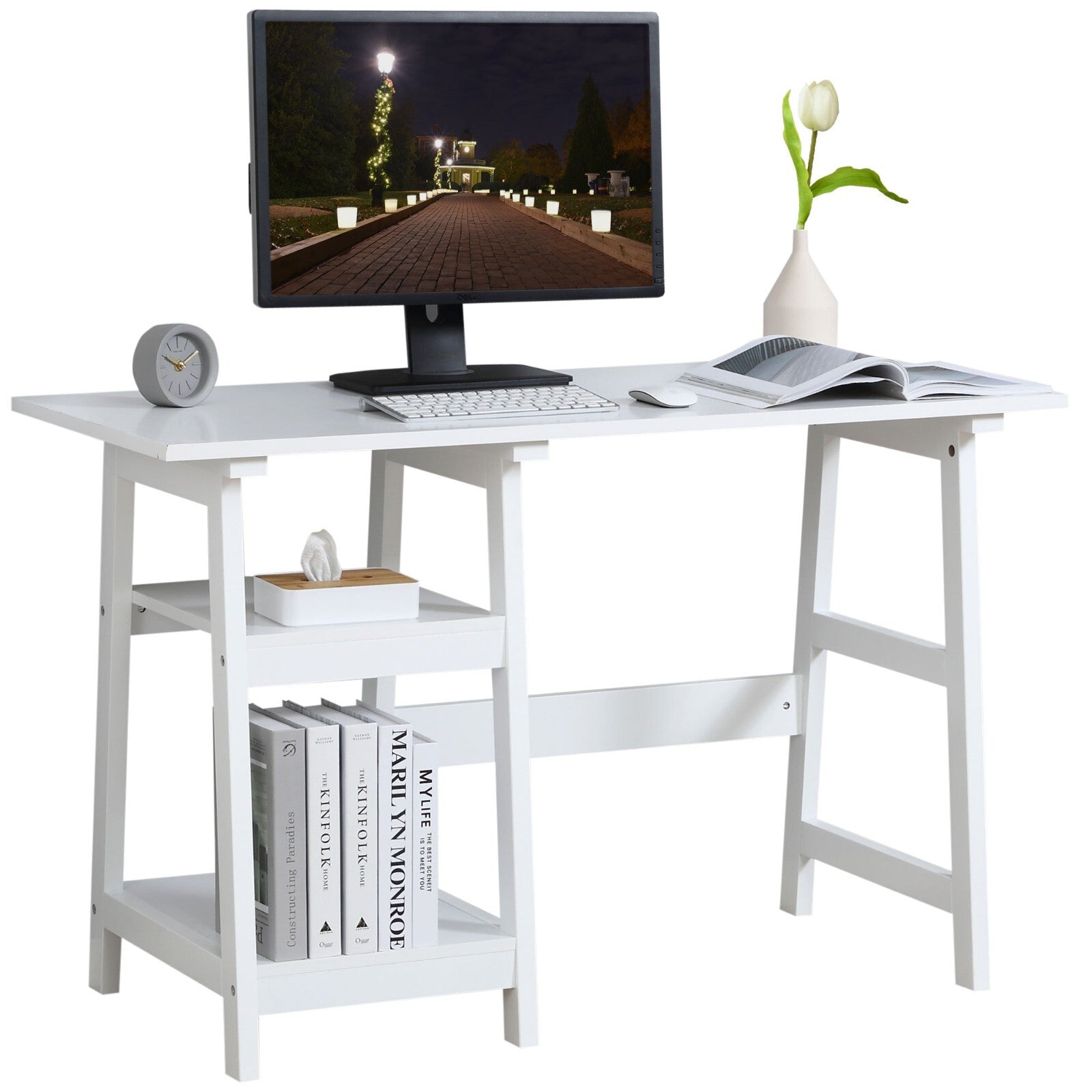 White Computer Desk with Shelves for Home Office Writing Table Study Workstation - Home and Garden Furniture Shop - rustic - furniture