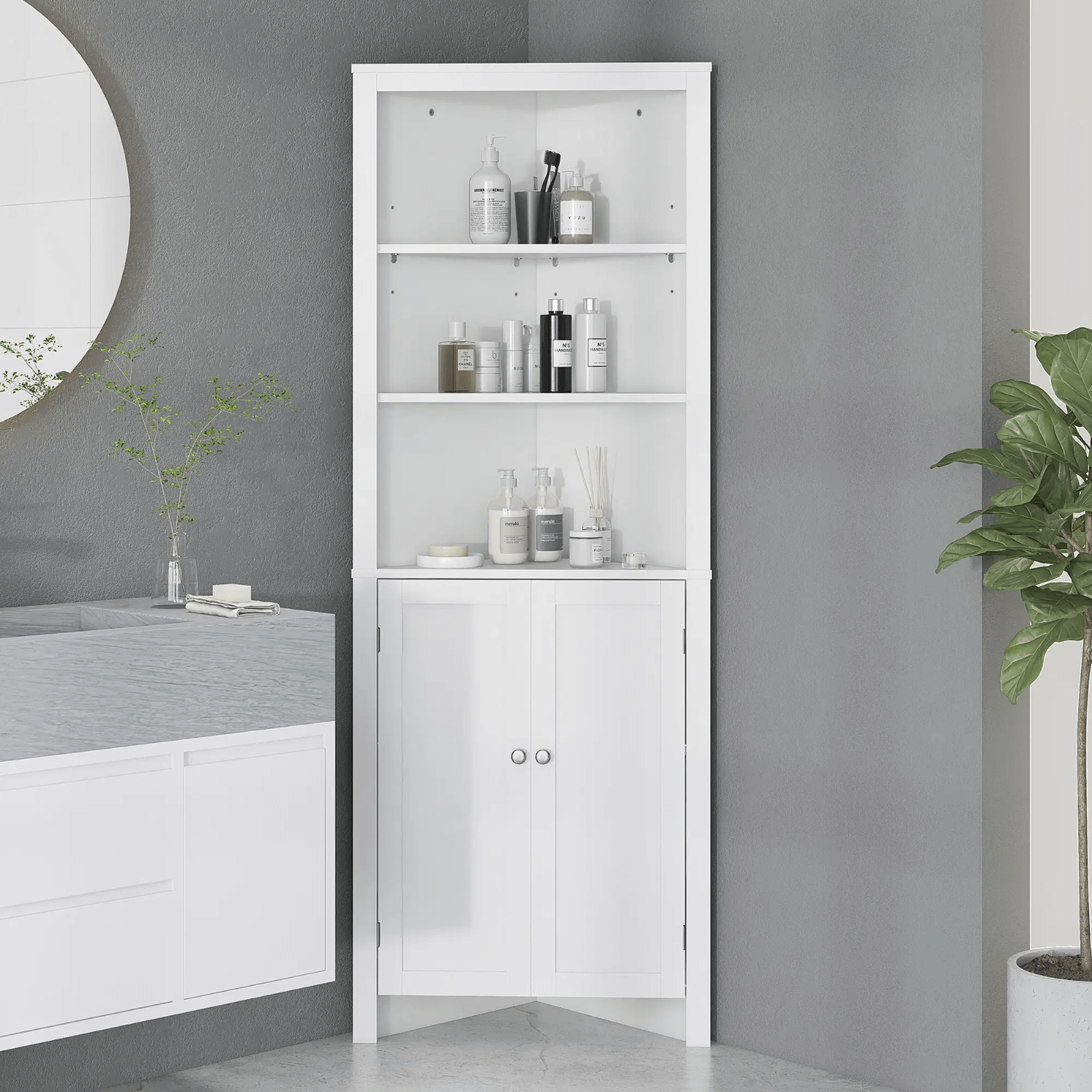 White Corner Bathroom Cabinet Freestanding Bathroom Storage Unit Shelves Doors - Home and Garden Furniture Shop - #rustic - furniture#