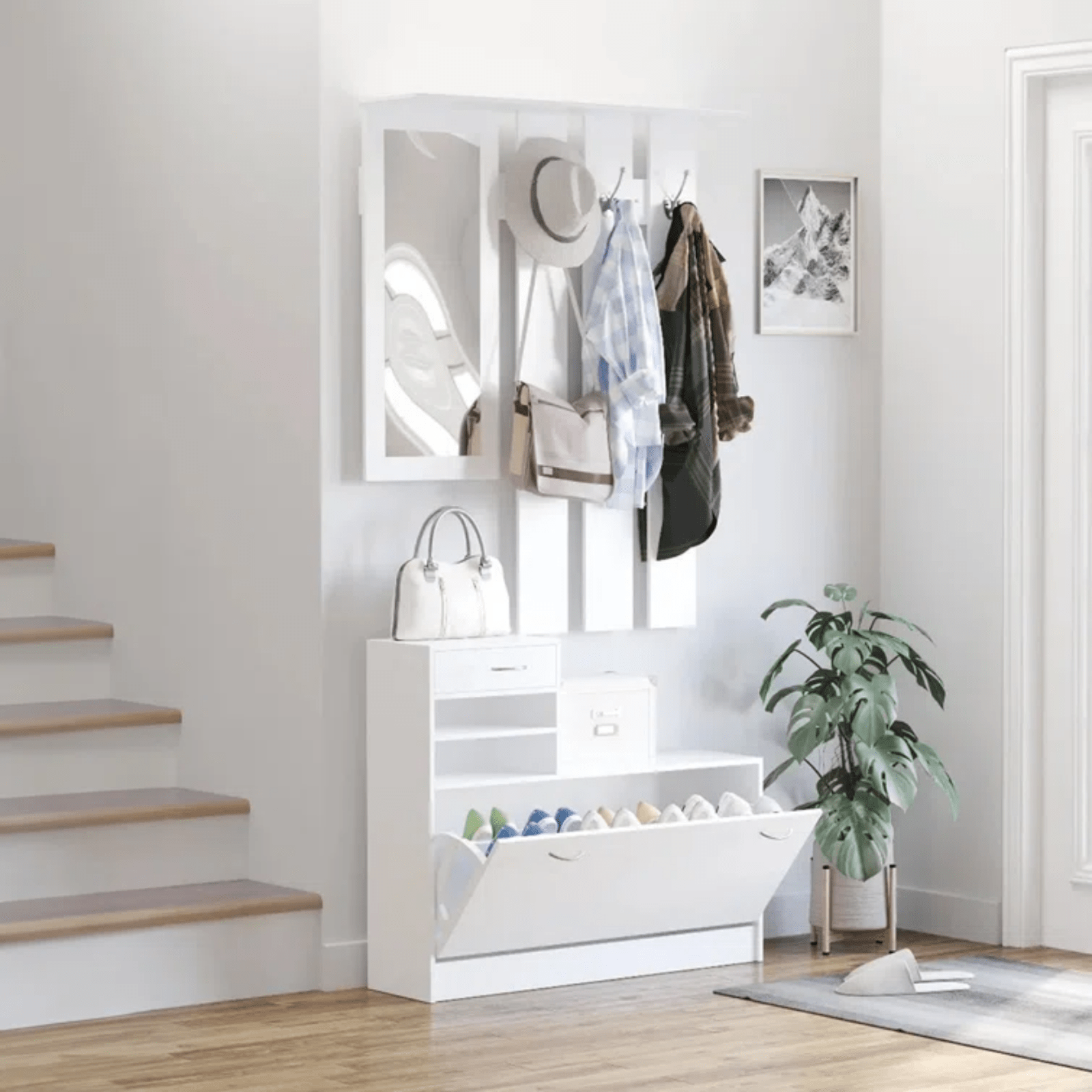 White Hallway Shoe Storage Unit Coat Rack Stand Bench Shelf Cabinet Mirror Hooks - Home and Garden Furniture Shop - #rustic - furniture#