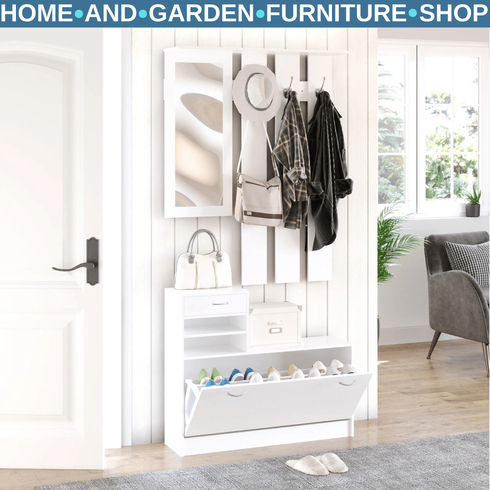 White Hallway Shoe Storage Unit Coat Rack Stand Bench Shelf Cabinet Mirror Hooks - Home and Garden Furniture Shop - rustic - furniture